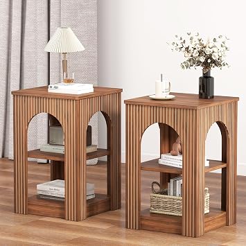 weselon End Table Set of 2, Mid-Century Modern Side Table with 3-Tier Storage Shelves and Arched Carving Lines, Square Fluted Nightstand for Living Room, Bedroom, or Office 2, Walnut