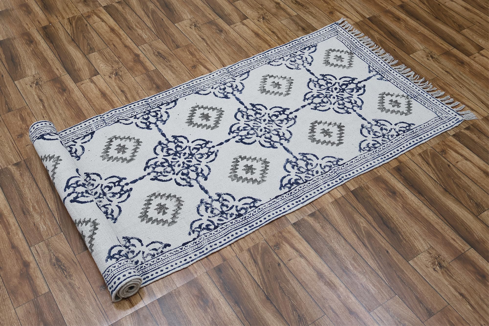 Baumwoll-Läuferteppich, 7,6 x 4,7 m, marineblau und grau, Baumwollteppich für enge Räume, Flur, Küche, Eingangsbereich, Innenbereich, gewebter Eingang, geometrisches Design, handgefertigt, Dhurries