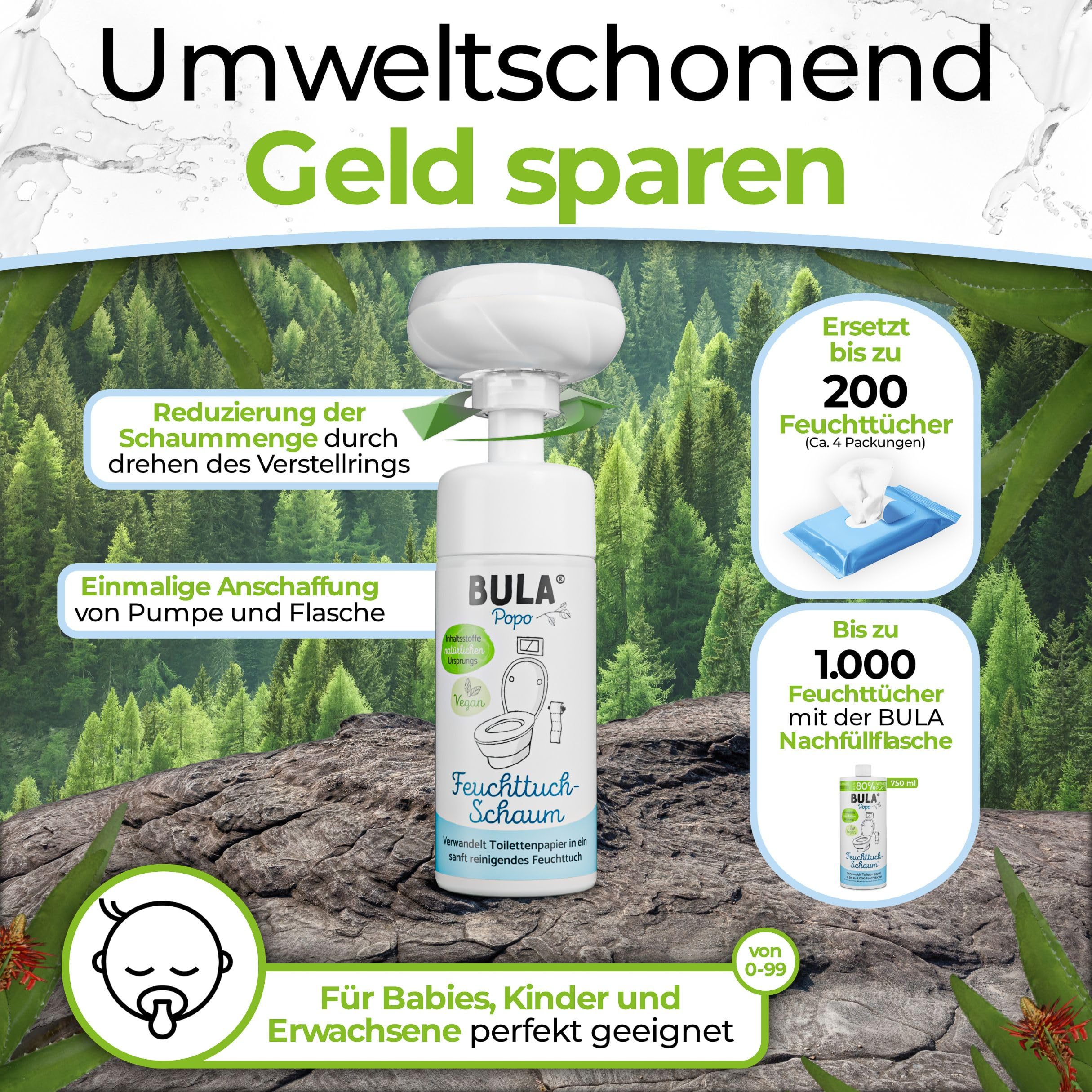 BULA® Popo Home Bundle | Feuchttuch-Schaum 150ml Flasche + Blumen-Schaumpumpe inkl. Edelstahl Halter | Popo Schaum als nachhaltige Alternative für (Baby u. Toiletten-) Feuchttücher | BULA Starterset