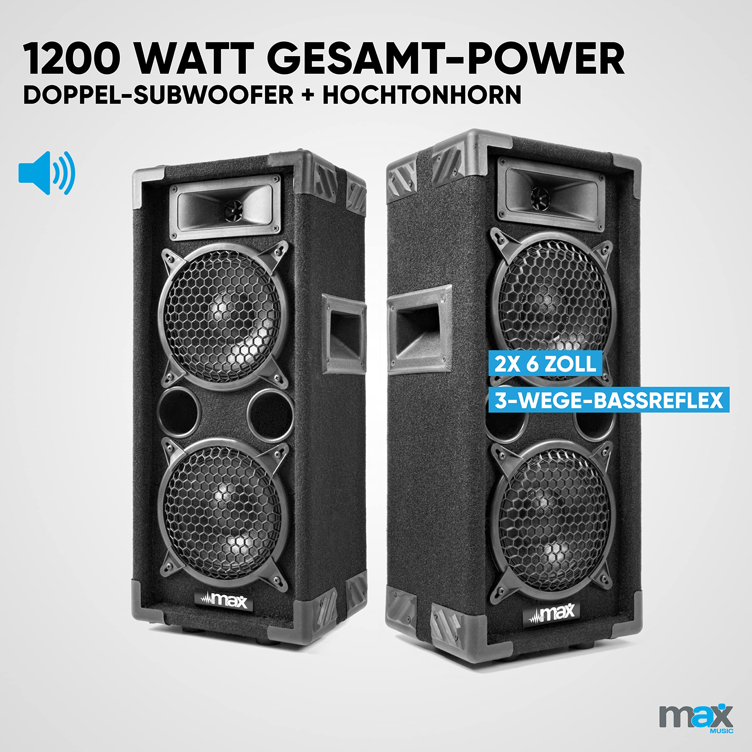 MAX26 PA Anlage Komplett Set 1200 Watt DJ Boxen Lautsprecher Schwarz