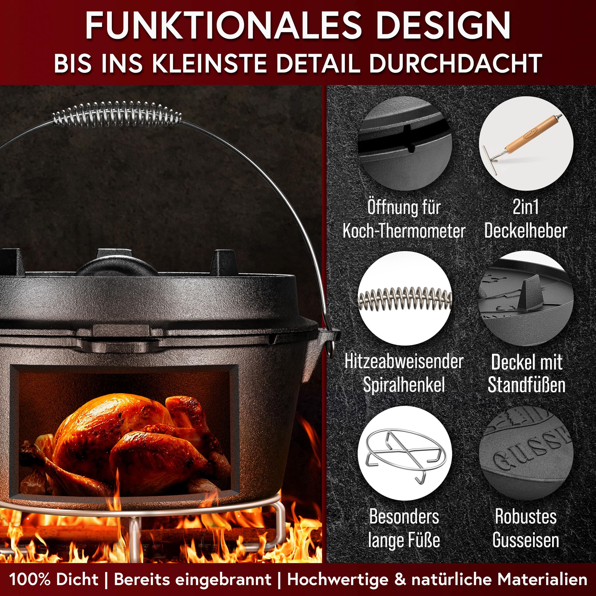 GUSSKÖNIG Dutch Oven Set 11-teilig – bereits eingebranntes Gusseisen Topf Set – Bratpfanne, Grilltopf, Deckelheber, Untersetzer & Echtleder-Griffschutz + Rezeptbuch & Pflegepaste – 30 Jahre Garantie