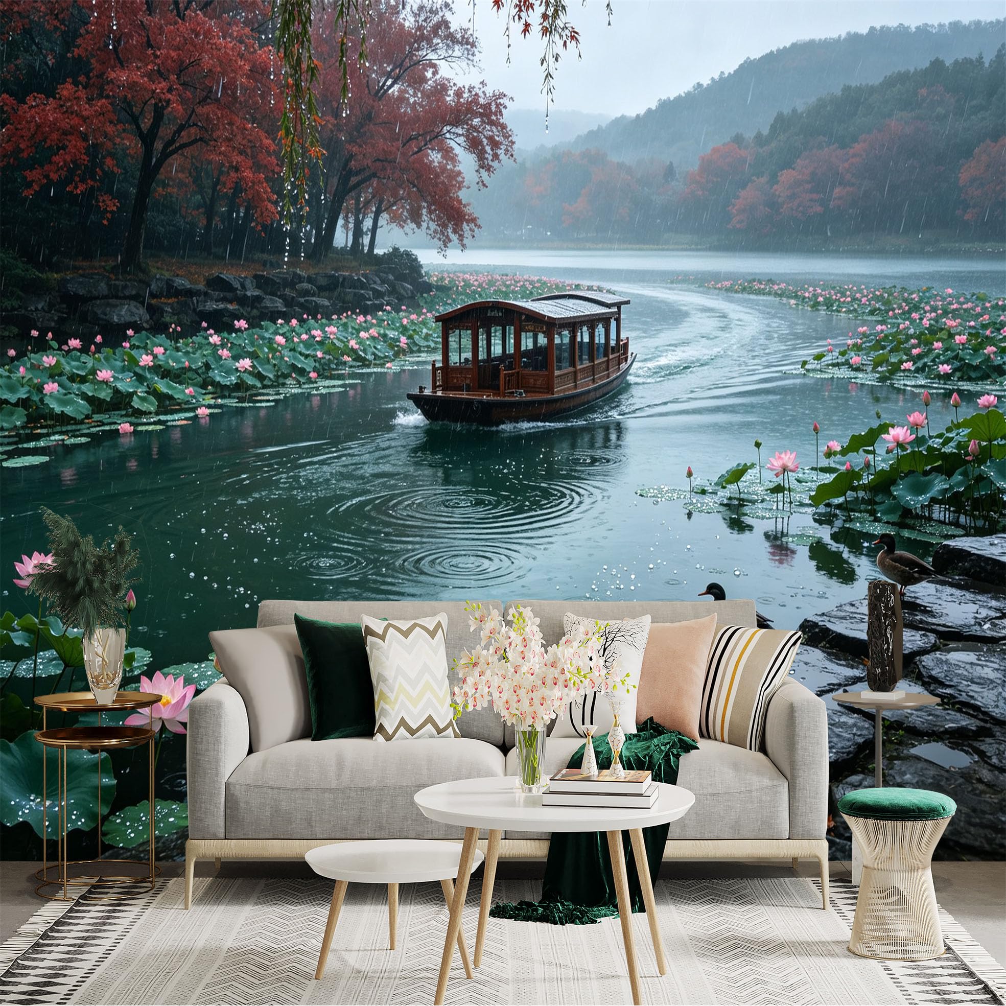 Custom Size Wall Sticker Mural， Traditional Wooden Boat on Lotus Pond， Rainy Autumn Scenery， Calm Lake with Waterfowl， for wall Decoration， peelandstick wall Decals.
