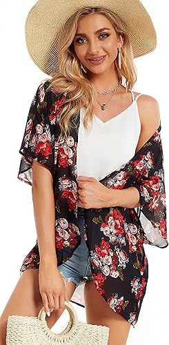 Miniatura 3 de Cárdigan estilo kimono con estampado floral y manga holgada para mujer, blusa casual, salidas de baño