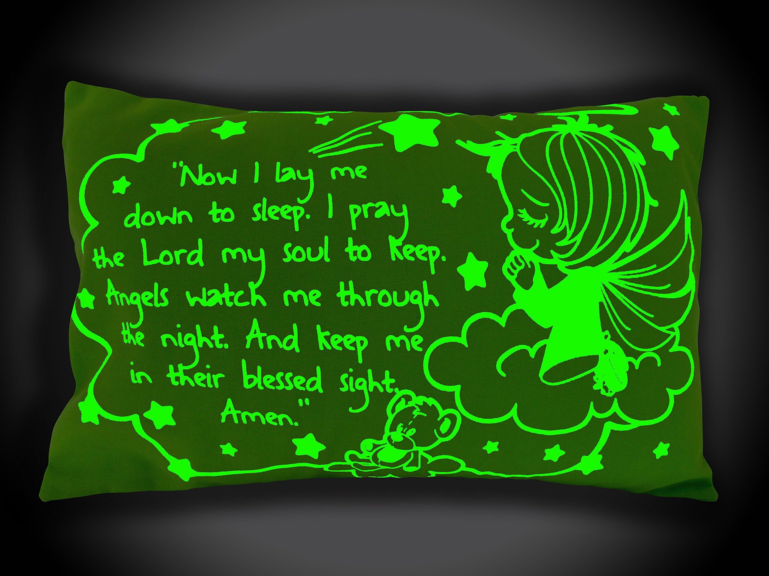 GLOW IN THE DARK Christian Pillow, Prayer: Now I Lay Me Down to Sleep... 13"x9" (Includes Pillow, 100% Hypoallergenic Polyester Fiber /Cotton Shell)