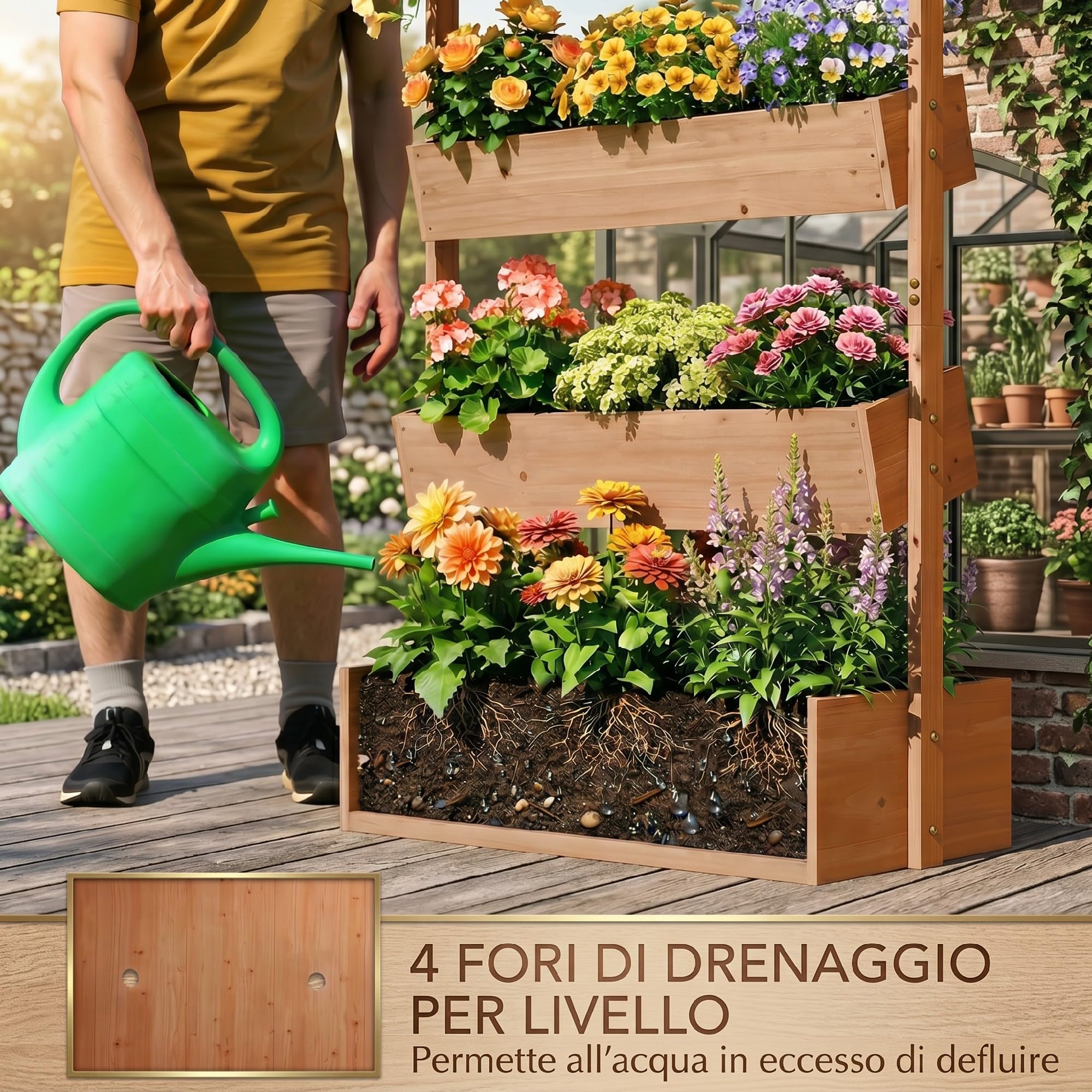 Outsunny Letto da Giardino Rialzato a 4 Livelli Fioriera Verticale in Legno per Esterni con Rivestimento in Tessuto Non Tessuto e Fori di Drenaggio per Verdure, Erbe e Fiori 85x45x140 cm Marrone
