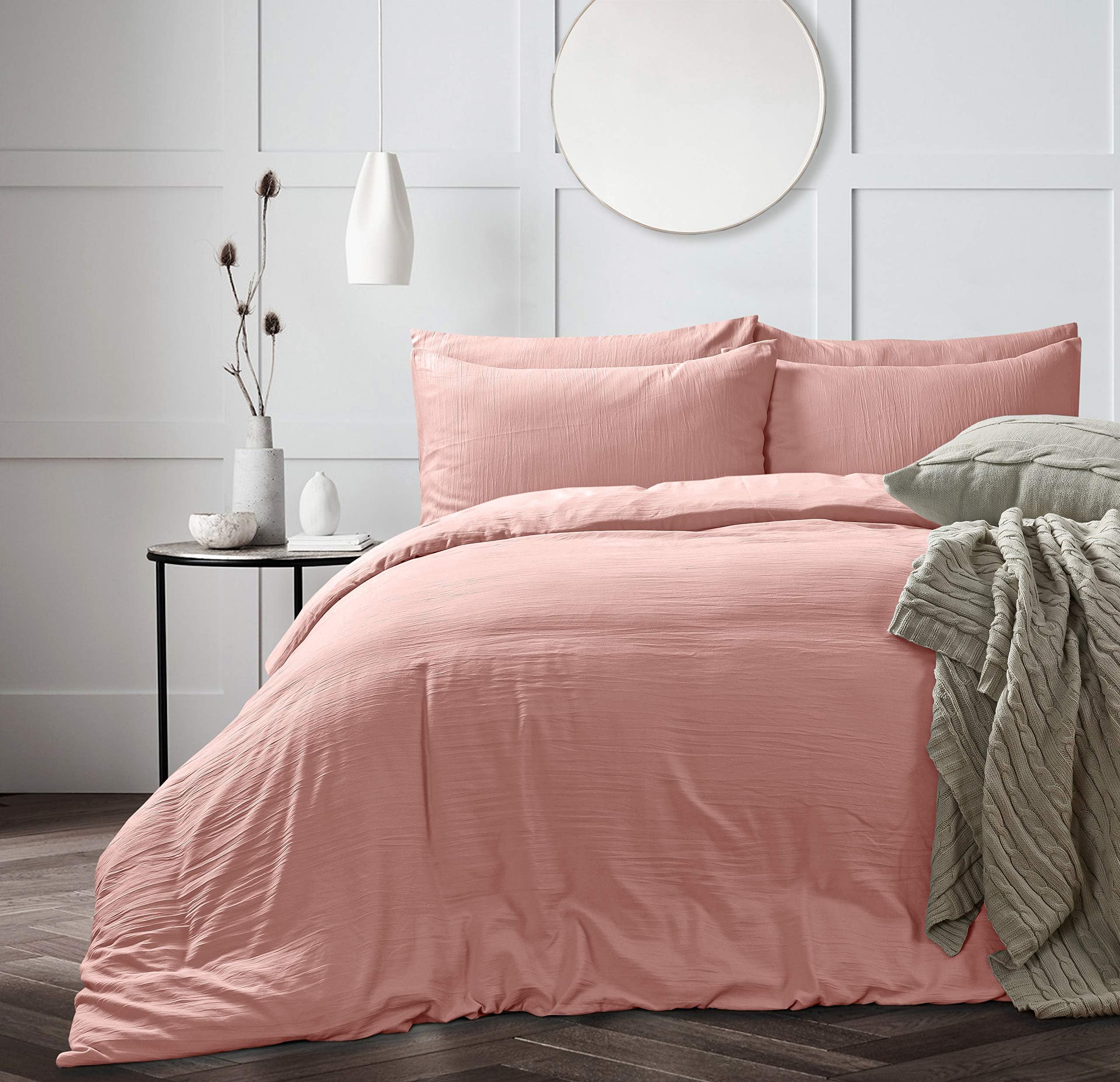WASHED LINEN Look Bedding DUVET COVER SET WITH PILLOW CASE Soft Touch Plain Brushed Microfiber Quilt Cover Bed Set (Blush Pink, Single)