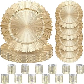 24 Pieces Charger Plates Bulk with Napkin Rings,Gear Style,Light Gold