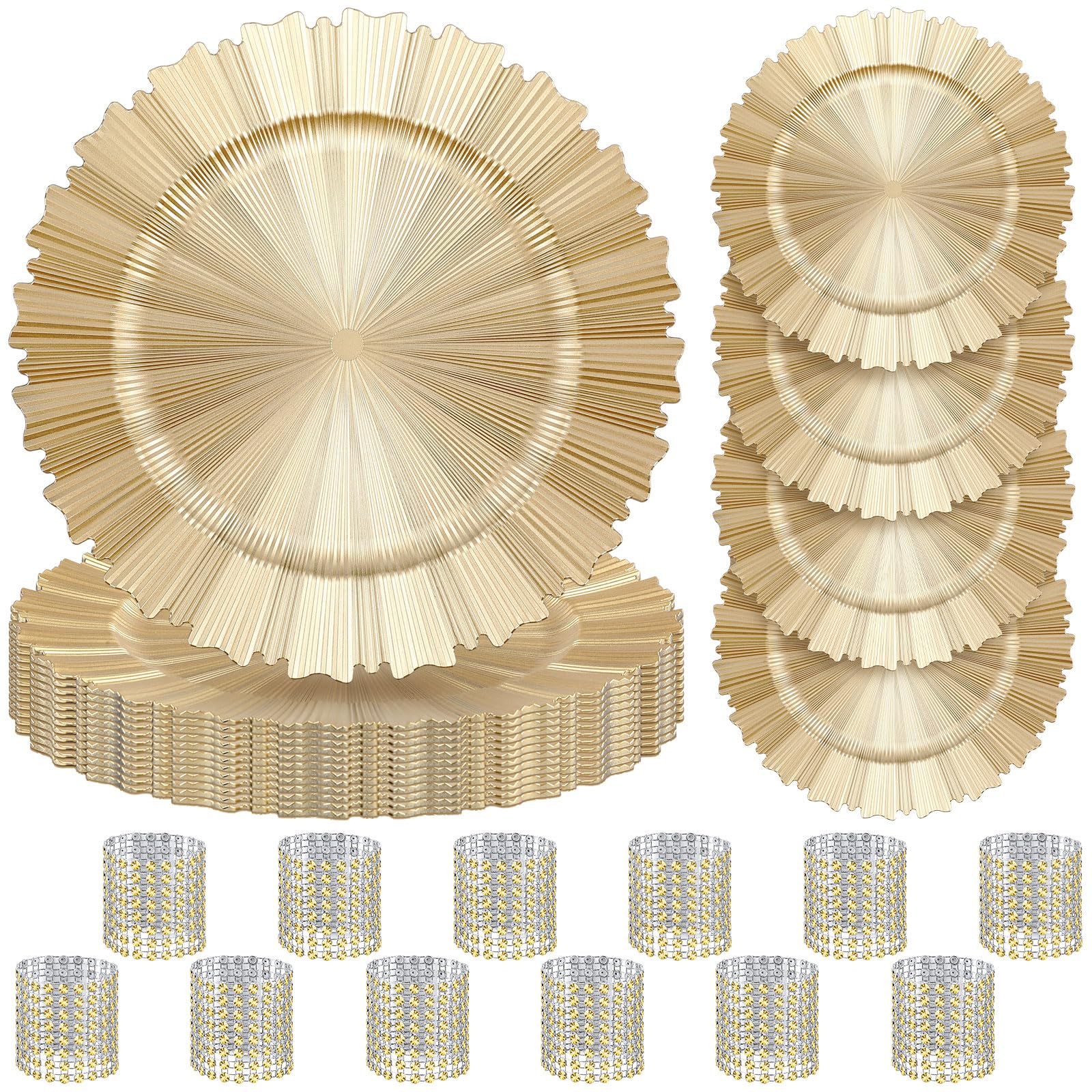 Photo 1 of Tanlade 12 Set Light Gold Charger Plates Bulk with Napkin Rings Plastic 13" Plate Charger Fluted Edge Wedding Decoration for Table Wedding Party Event(Gear)