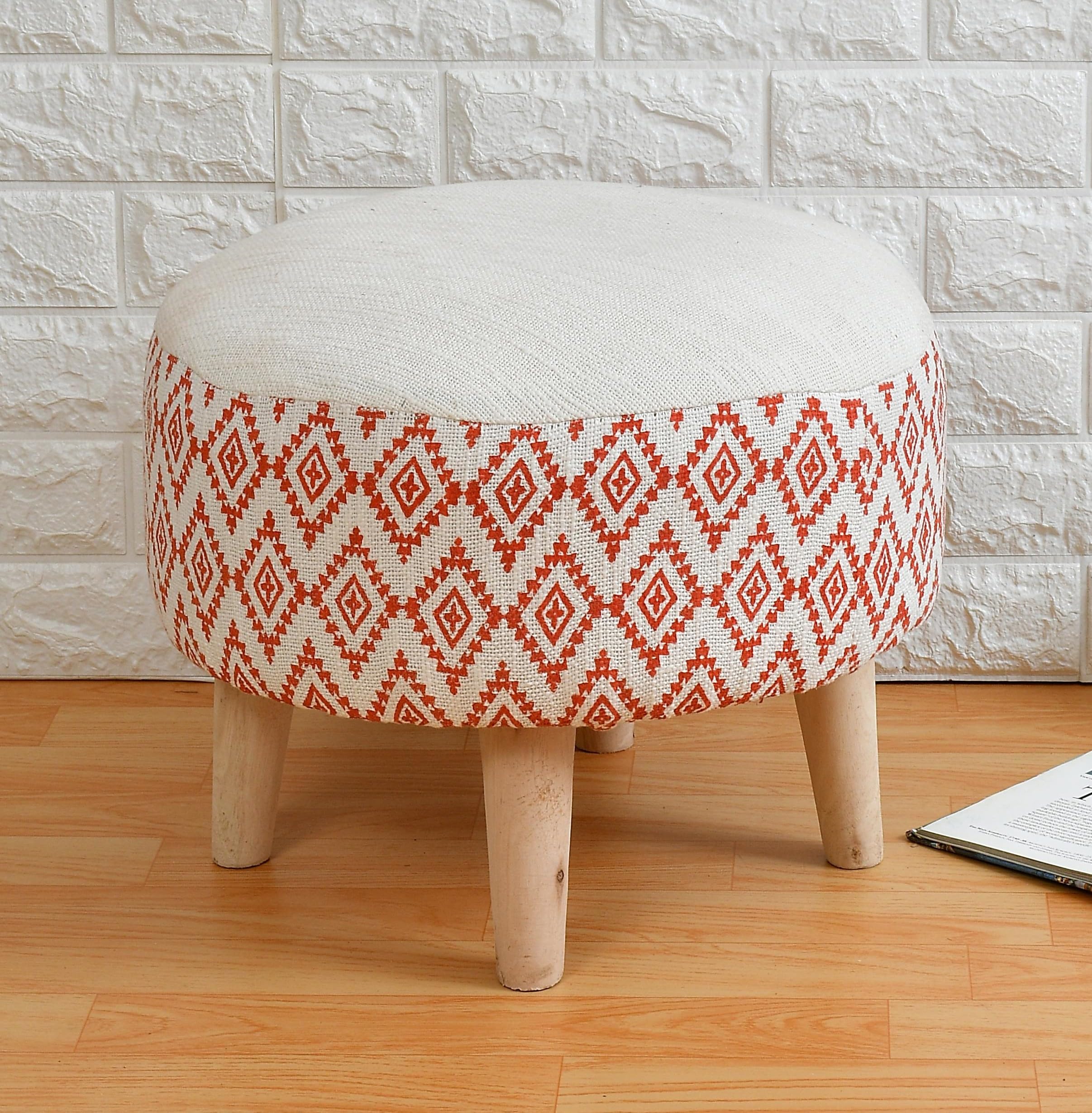Homeaccex Ottoman Pouffe Puffy Stool for Sitting Living Room, Upholstered Dressing Table Stool Footstool Footrest for Office Home (16inch, White & Orange)