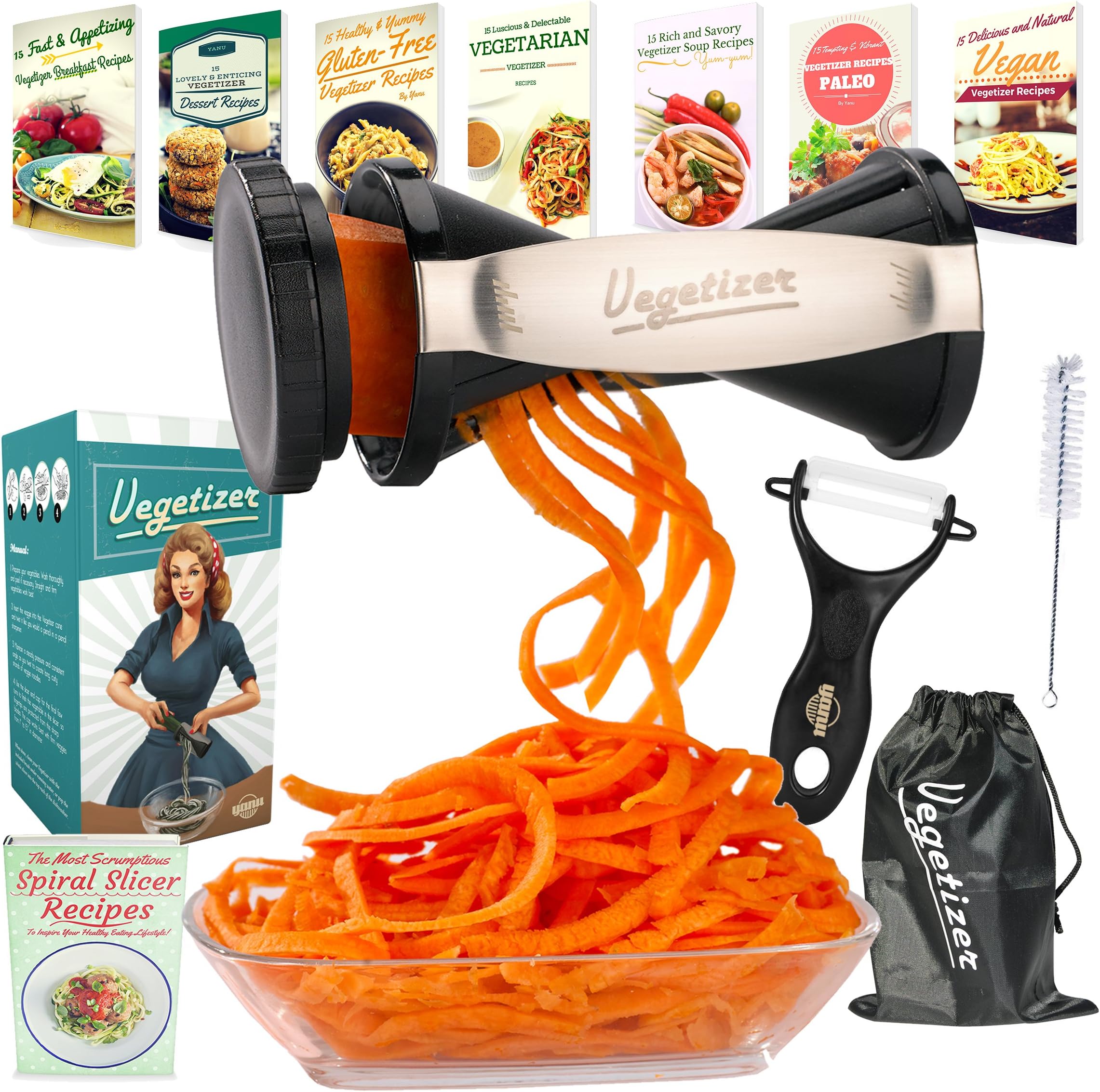 Vegetizer - Vegetable Spiralizer Cutter Complete Bundle: Spiral Slicer, Peeler, 8 Spiralized Recipe eBooks, Cleaning Brush and Pouch Bag Included. Healthy Veggie Noodle and Zucchini Spaghetti Pasta Maker