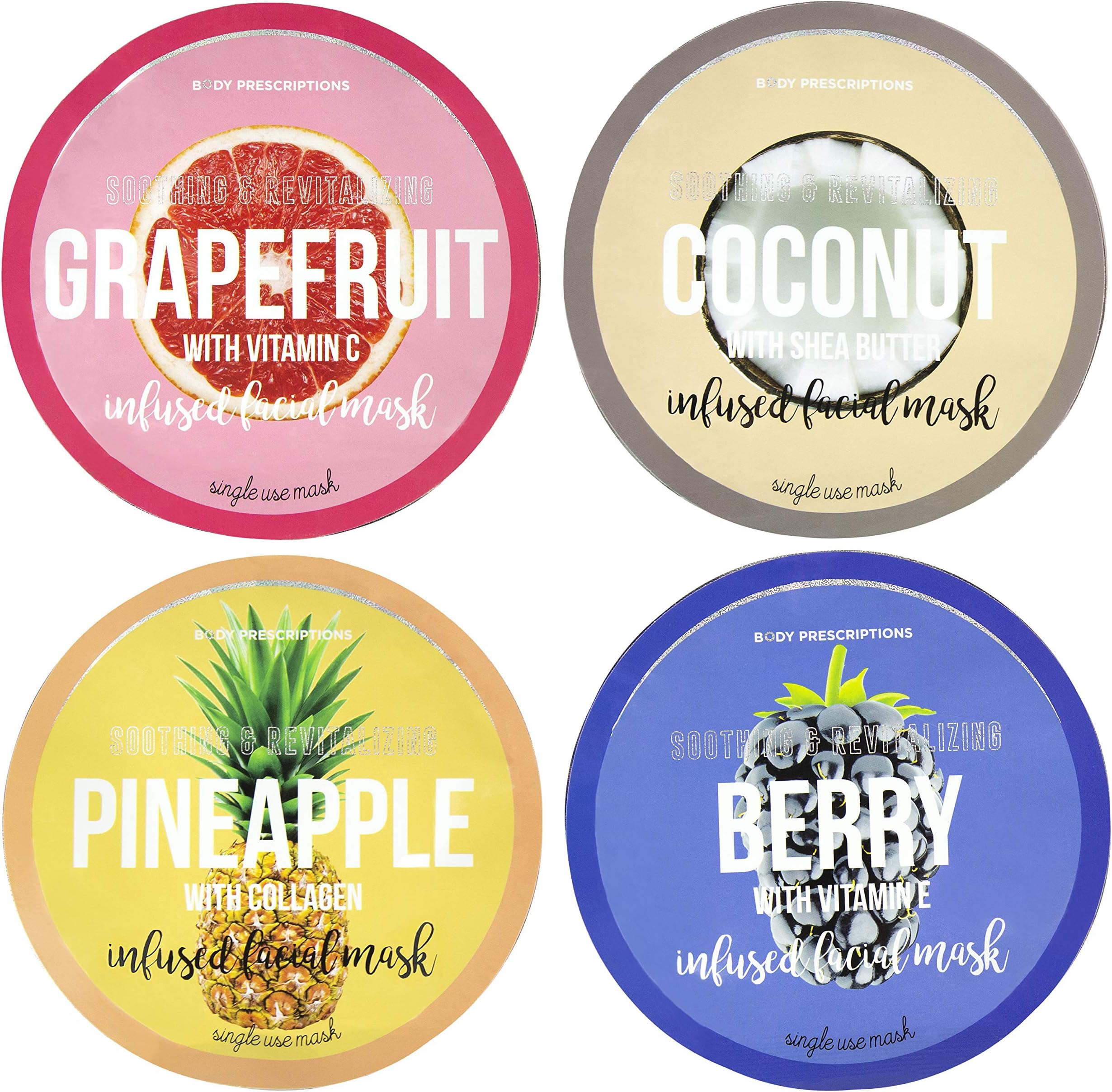 Body Prescriptions Set of Four Face Masks, Moisturizing Face Mask Variety Pack, Revitalizing Collection of Grapefruit, Coconut, Pineapple and Berry Infused Facial Masks for Women's Skincare