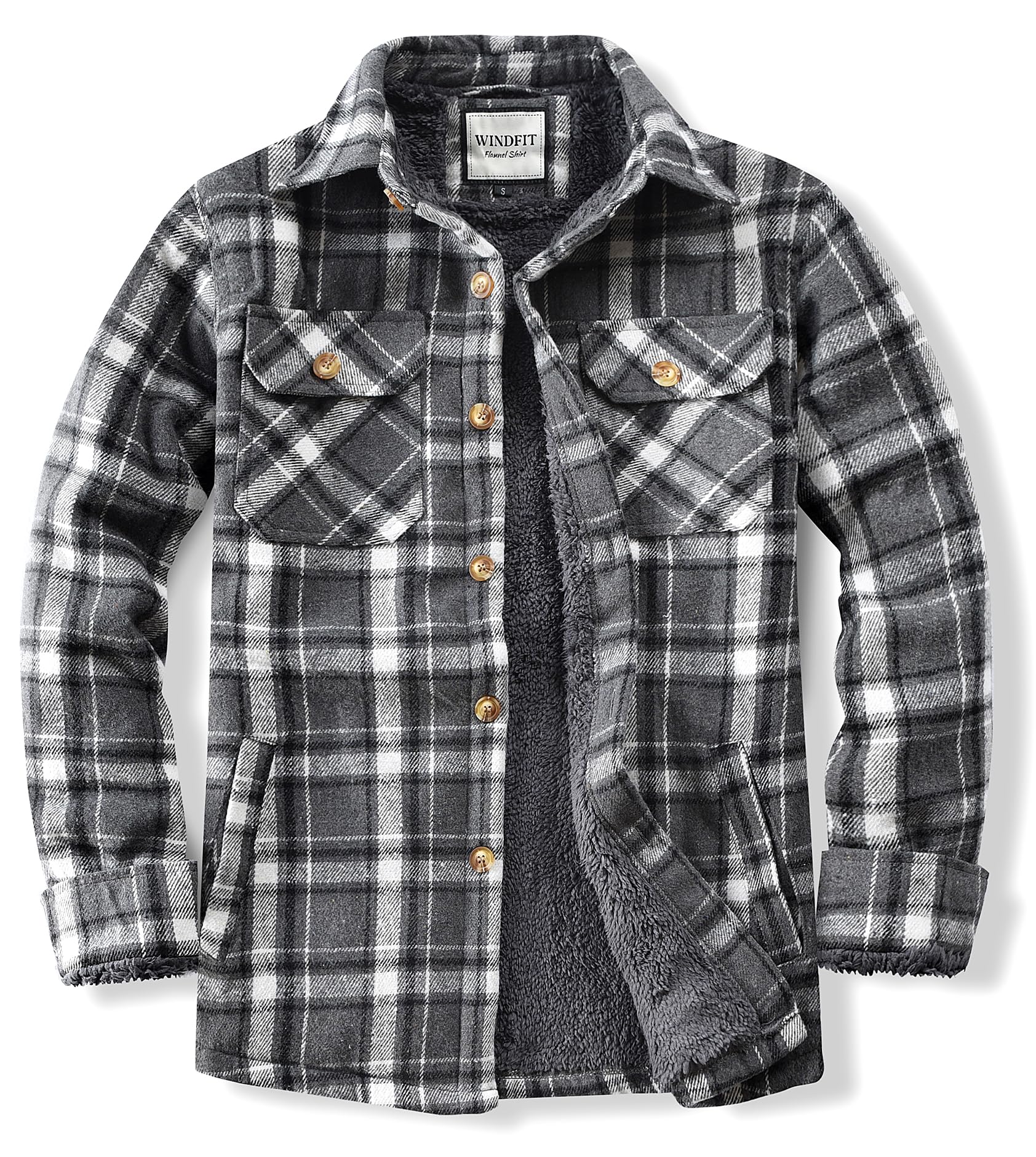WINDFIT Men's Cotton Sherpa Lined Button Down Flannel Shirt Jacket