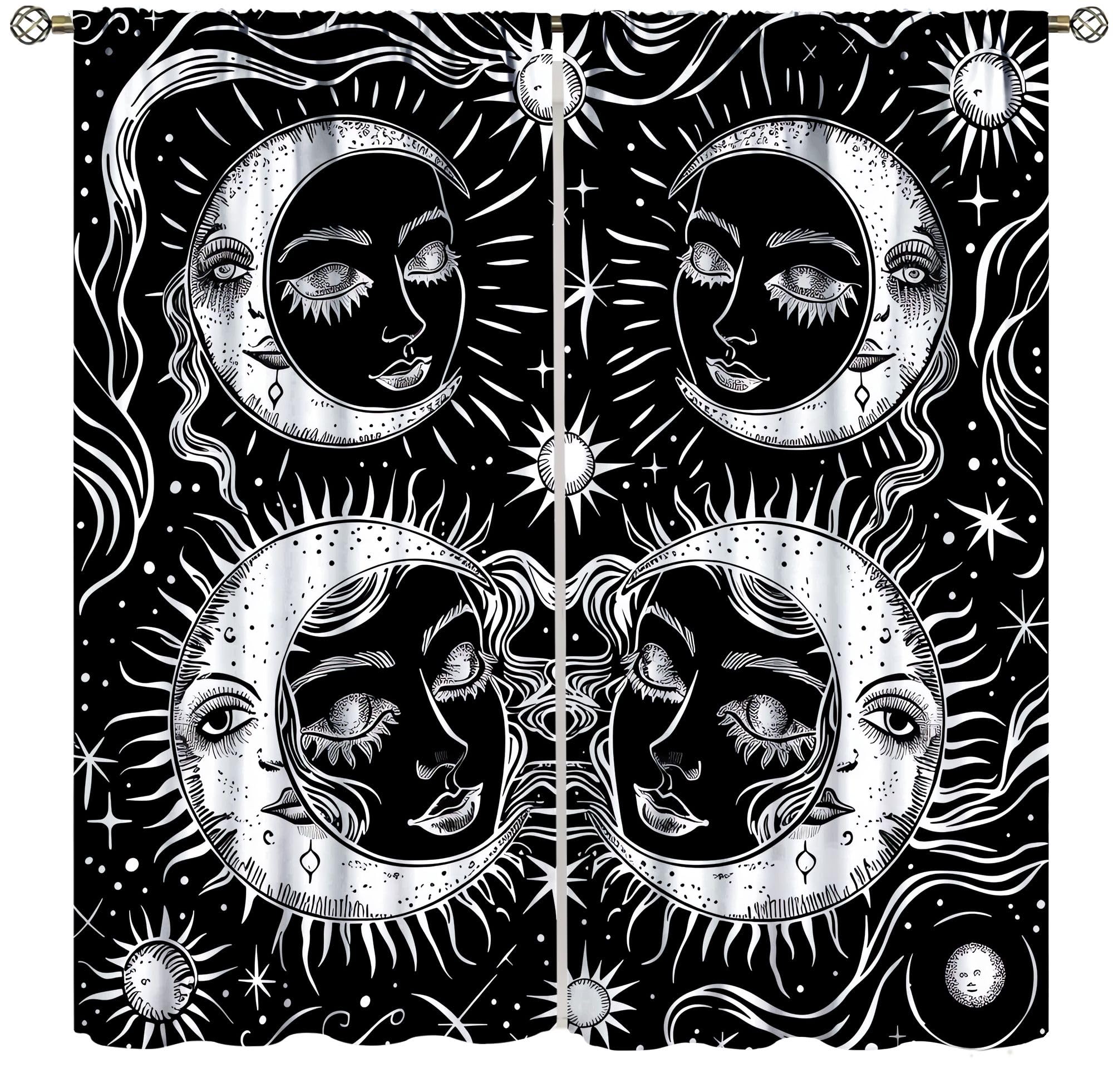 Rideaux motif lune et soleil bicolores noir et blanc au style sorcière