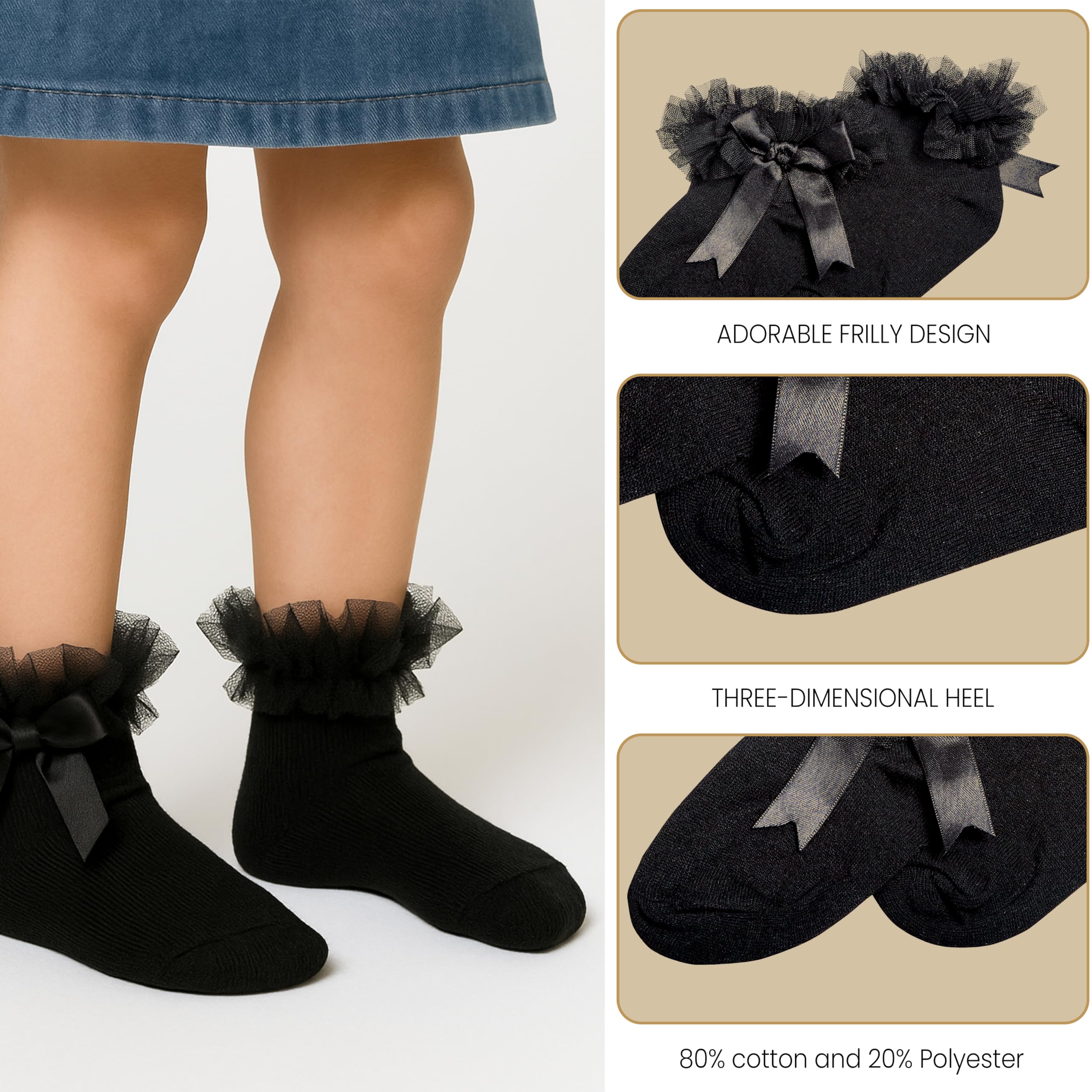 Sock Stack 6 paia di calzini alla caviglia con tutù con volant con pizzo e fiocco, super morbidi, per matrimonio e battesimo