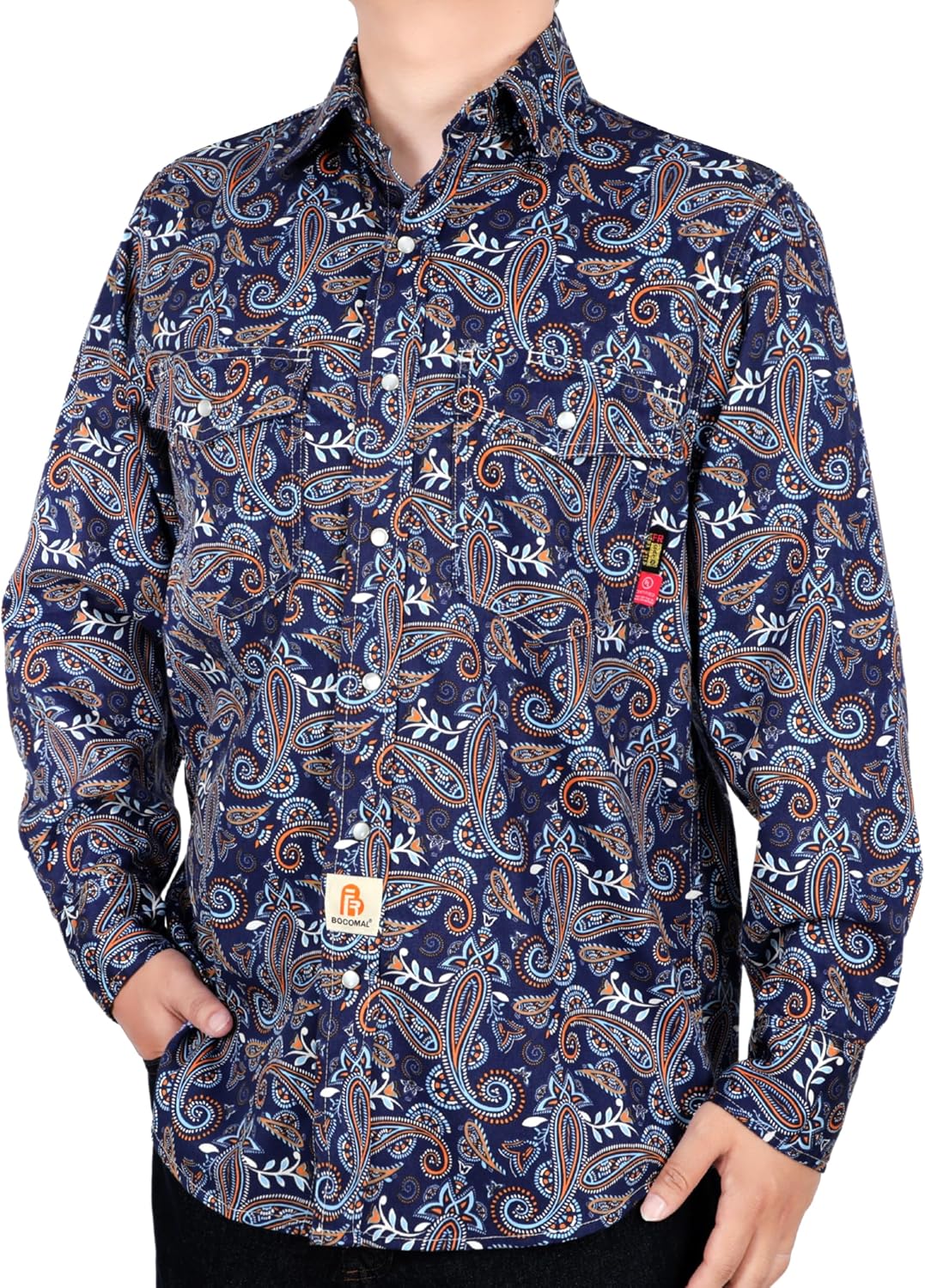 BOCOMAL FR Shirts for Men Printed Paisley Pearl Snaps Lightweight Workwear