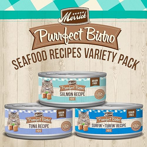 Miniatura 2 de Merrick Purrfect Bistro - Paquete variado de alimentos húmedos para gatos sin granos, recetas con ingredientes del mar, (24) 5.5 oz, Latas