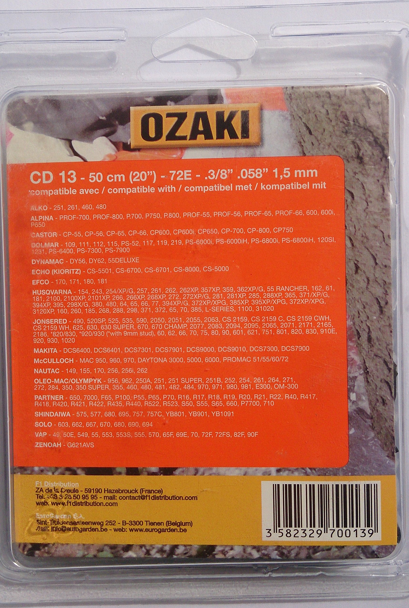 Ozaki Profi-Kettensägekette 45 Cm – 3/8 Zoll, 1,3 Mm, 60 Glieder, Passend Für Husqvarna, McCulloch U.a.