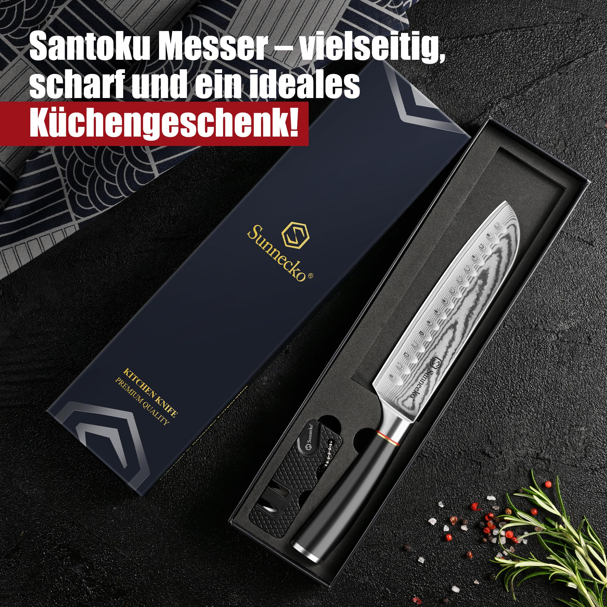Sunnecko Santoku Messer Damastmesser 17cm, Hochwertiges Küchenmesser aus VG-10 Stahl, Fleischmesser mit Ergonomischem Griff, Schärfes Kochmesser für Lebensmittel