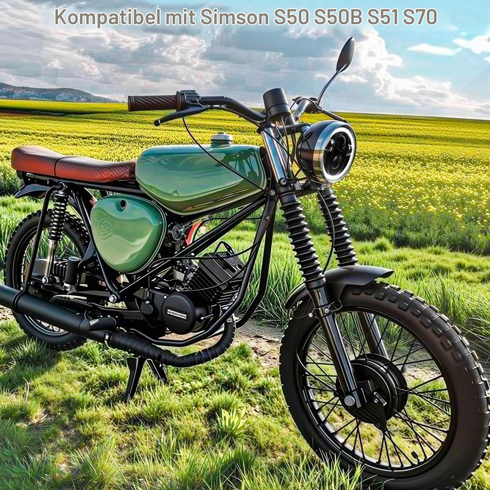 DREAMIZER 5,75" LED Motorradscheinwerfer kompatibel mit Simson S51 S70 S50 S50B Tuning, 12V Motorrad Rundscheinwerfer mit Tagfahrlicht, Fern und Abblendlicht, 7500K, IP67 wasserdicht, Plug & Play