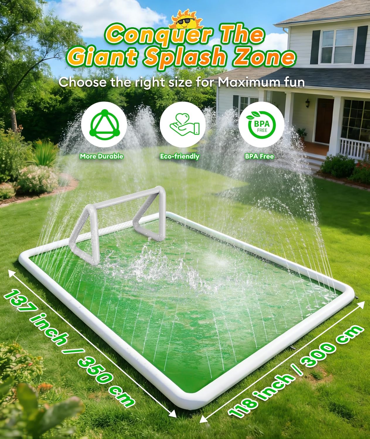 EPN Splash Pad for Kids & Dogs, 118 x138 Extra Large Thicker & Non-Slip Sprinkler Pad, Outdoor Water Toy with Soccer Goal & Ball, Backyard Play Mat Splash Pool for Lawn Garden Summer Fun Age 4-12