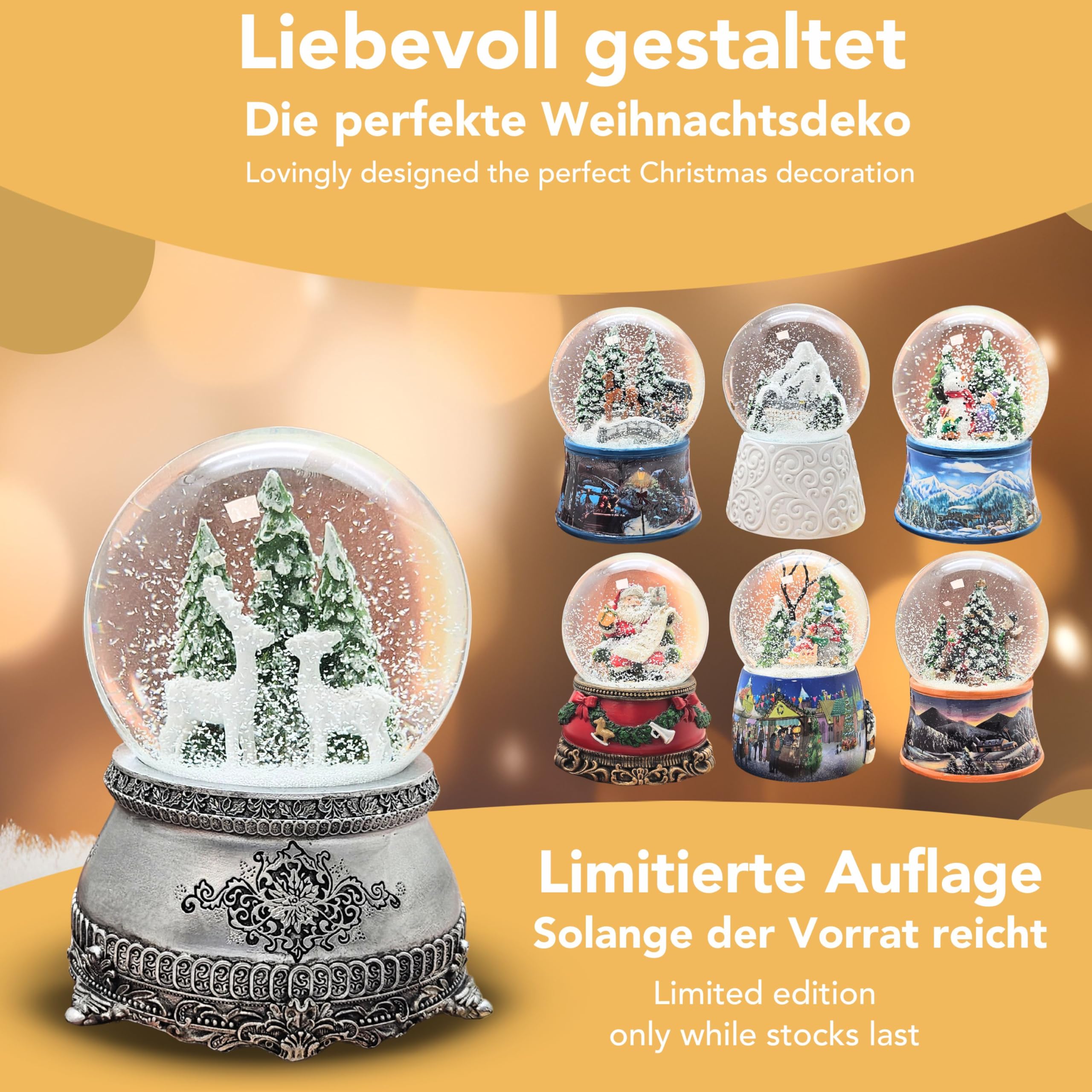 Schneekugel Hüttenzauber 2 weiße Rehe vor Tannenbaum | Sockel Zinnoptik Ornamente | mit Spieluhr | Schüttelkugel Weihnachtsdekoration | B: 10 cm H: 14 cm | 20253