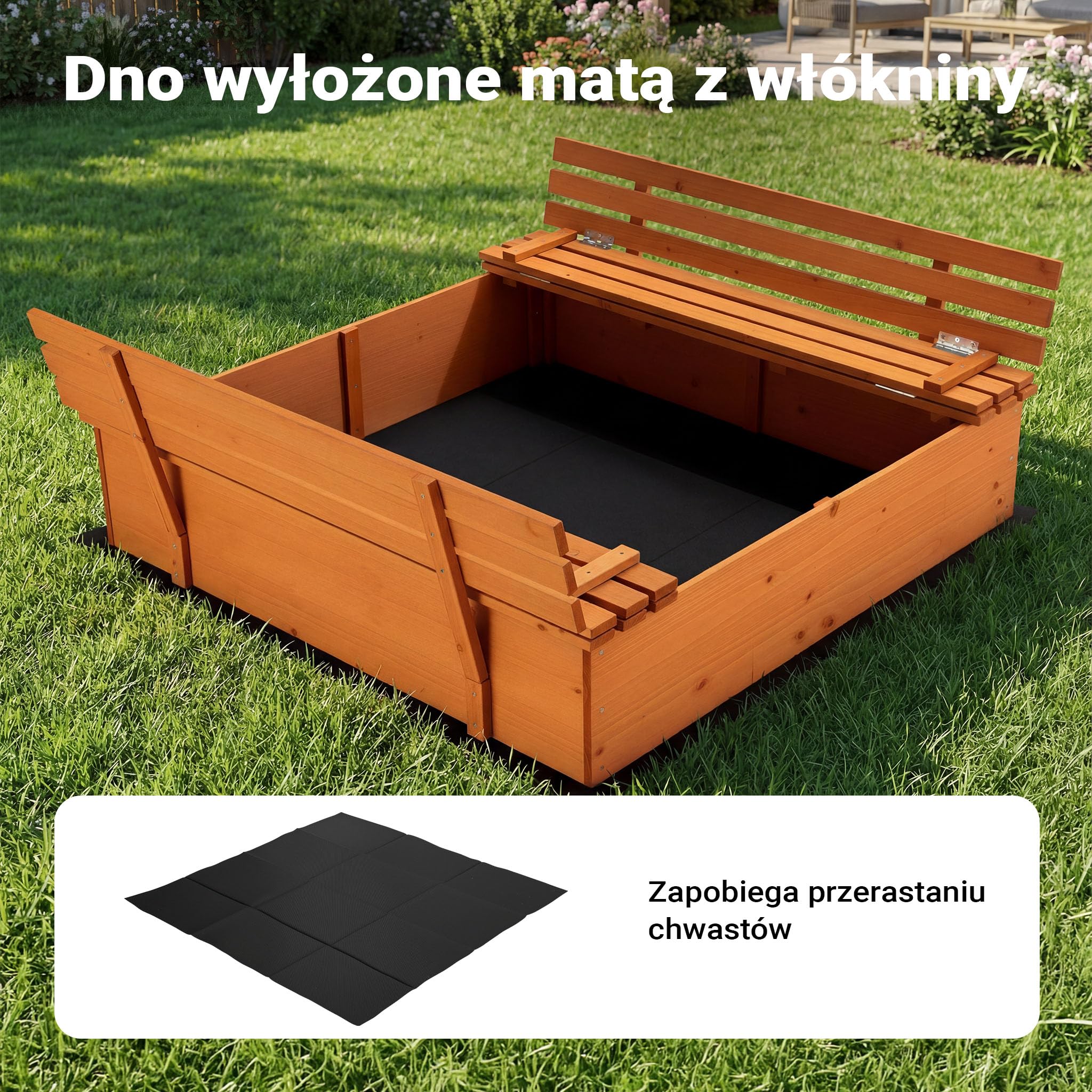 Wiltec Drewniana piaskownica z zamykaną pokrywą i ławeczkami 98 x 98 x 21 cm do ogrodu dla dzieci, trwałe zamykane miejsce do piasku w ogrodzie dla zabawy