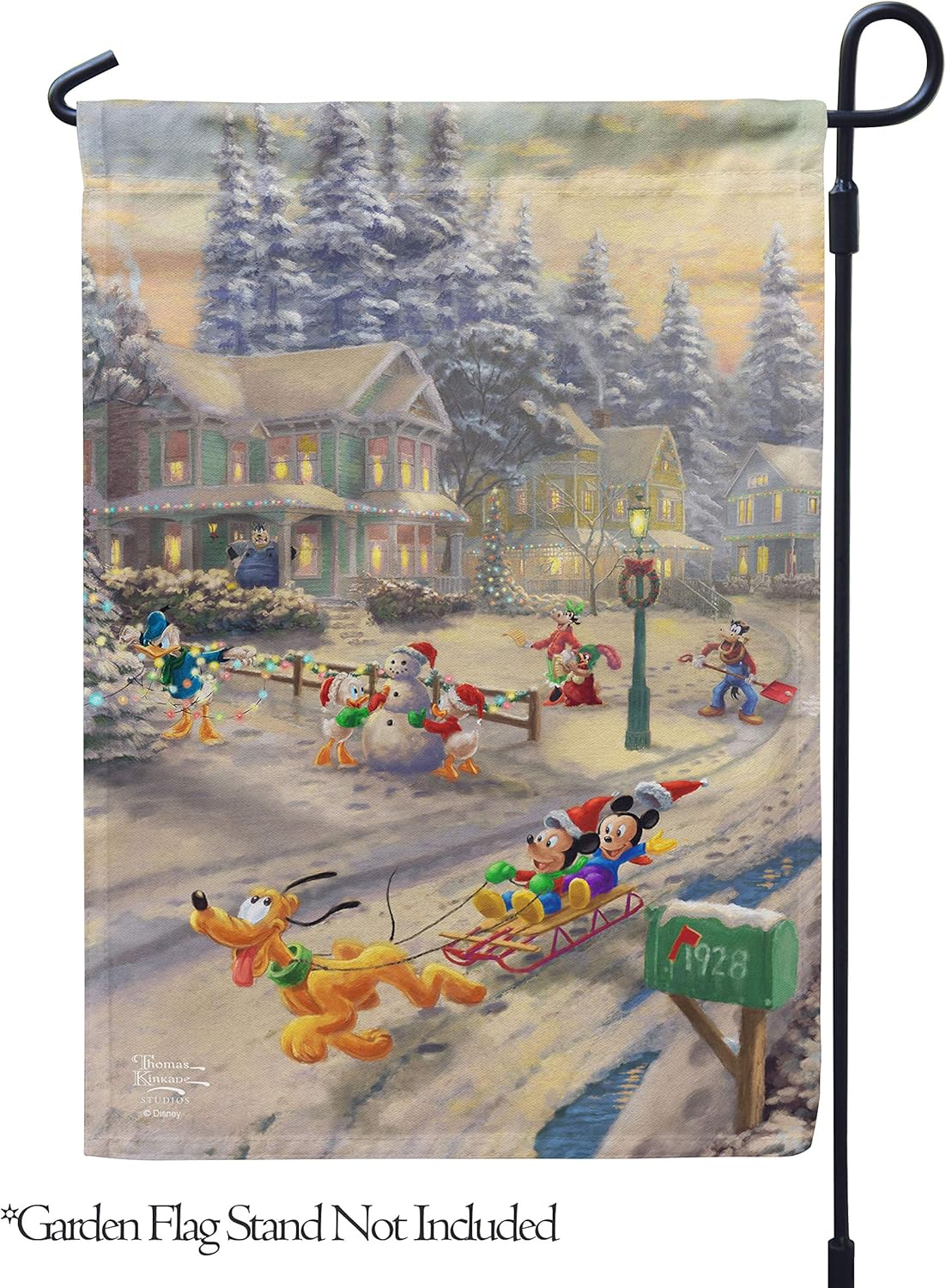 Flagology, Thomas Kinkade Disney Mickey's Friends Victorian Christmas – Garden Flag, Licensed Thomas Kinkade, Christmas (12" x 18")