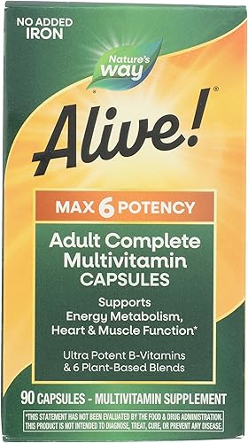 Nature's Way Alive! Max6 Potency Multivitamínico, nutrición de todo el cuerpo, vitaminas B de alta potencia, 90 cápsulas