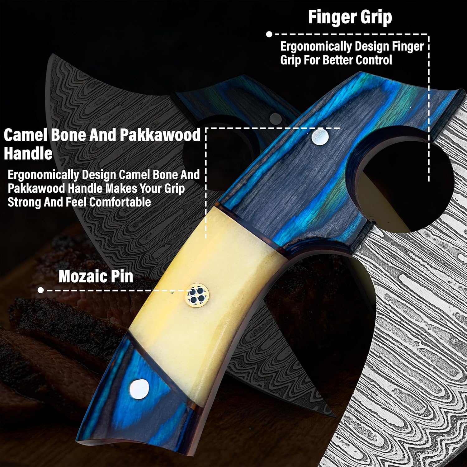 RC Knives Damascus Ulu Knife with Leather Sheath - Handmade Pizza Cutter with Non-Slip Wooden Handle - Alaska Ulu Knife Used For Multi-Purpose in Kitchen & Outdoor - Best Gift for your loved one - Image 3