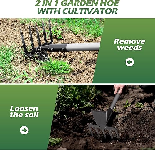 Miniatura 3 de Walensee Herramienta de jardín Hoe, azada de jardín de 63 pulgadas con mango largo ajustable para deshierbe, cultivador de azada de 5 púas 2 en 1,