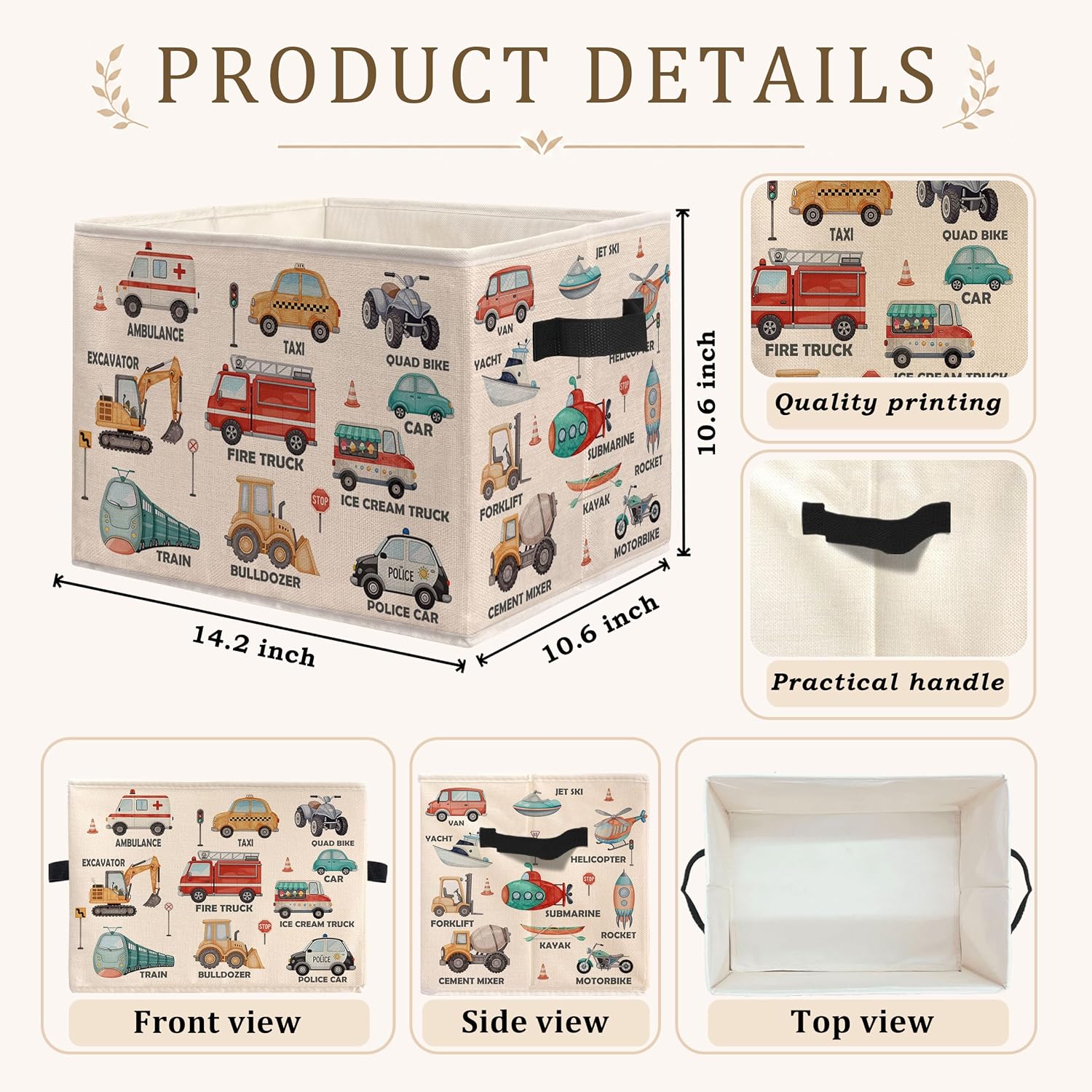 Transportation Vehicle Car Storage Bins Box, Educational Transports Foldable Storage Organizer Basket with Handles for Playroom Bedroom Class Room Homeschool Clothes Books