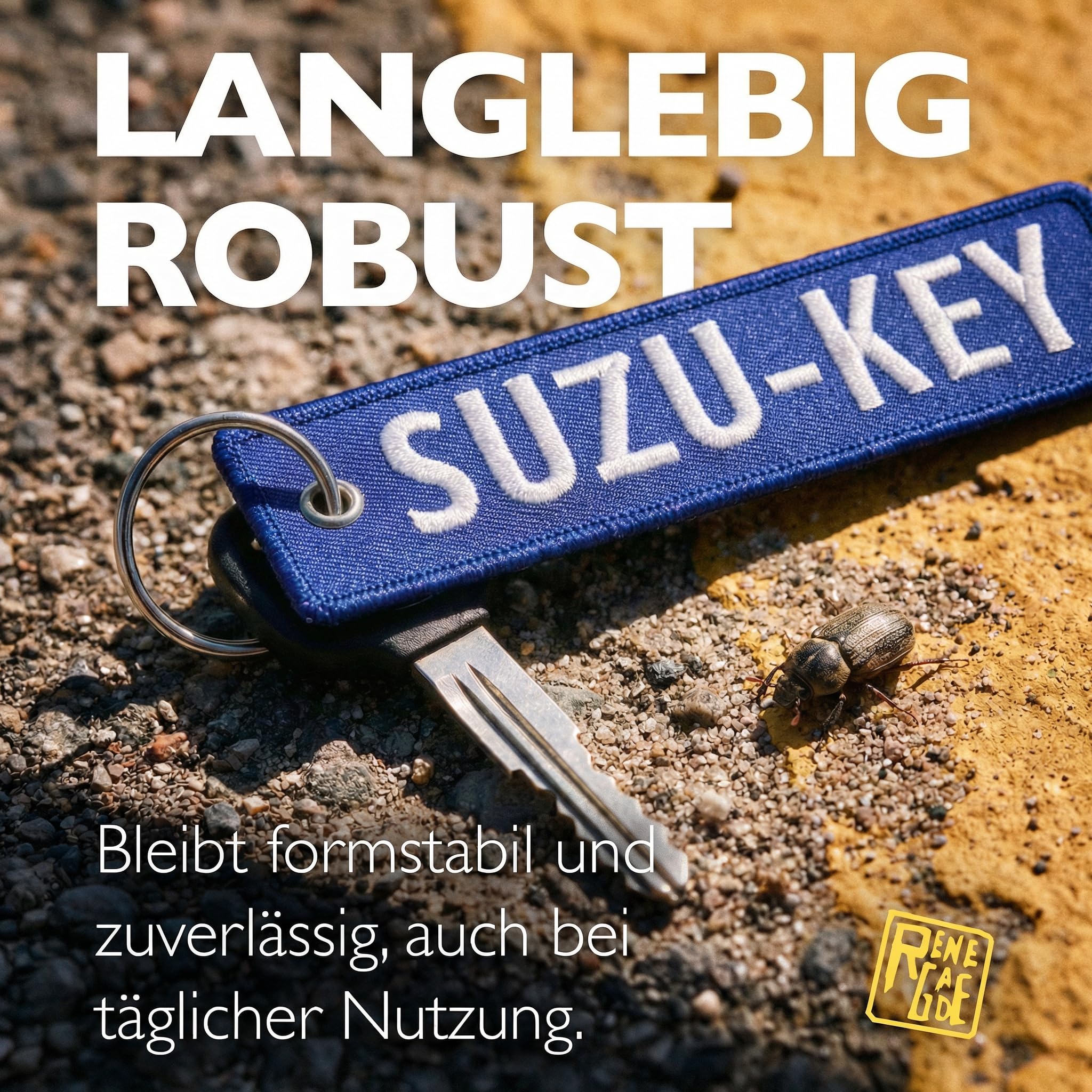 RENEGADE® Breloczek do kluczy motocyklowych z materiału z kółkiem na klucze, haftowany i odporny na zarysowania - 130 x 30 mm, czarny - (SUZU-KEY), niebieski, 130 x 30 mm