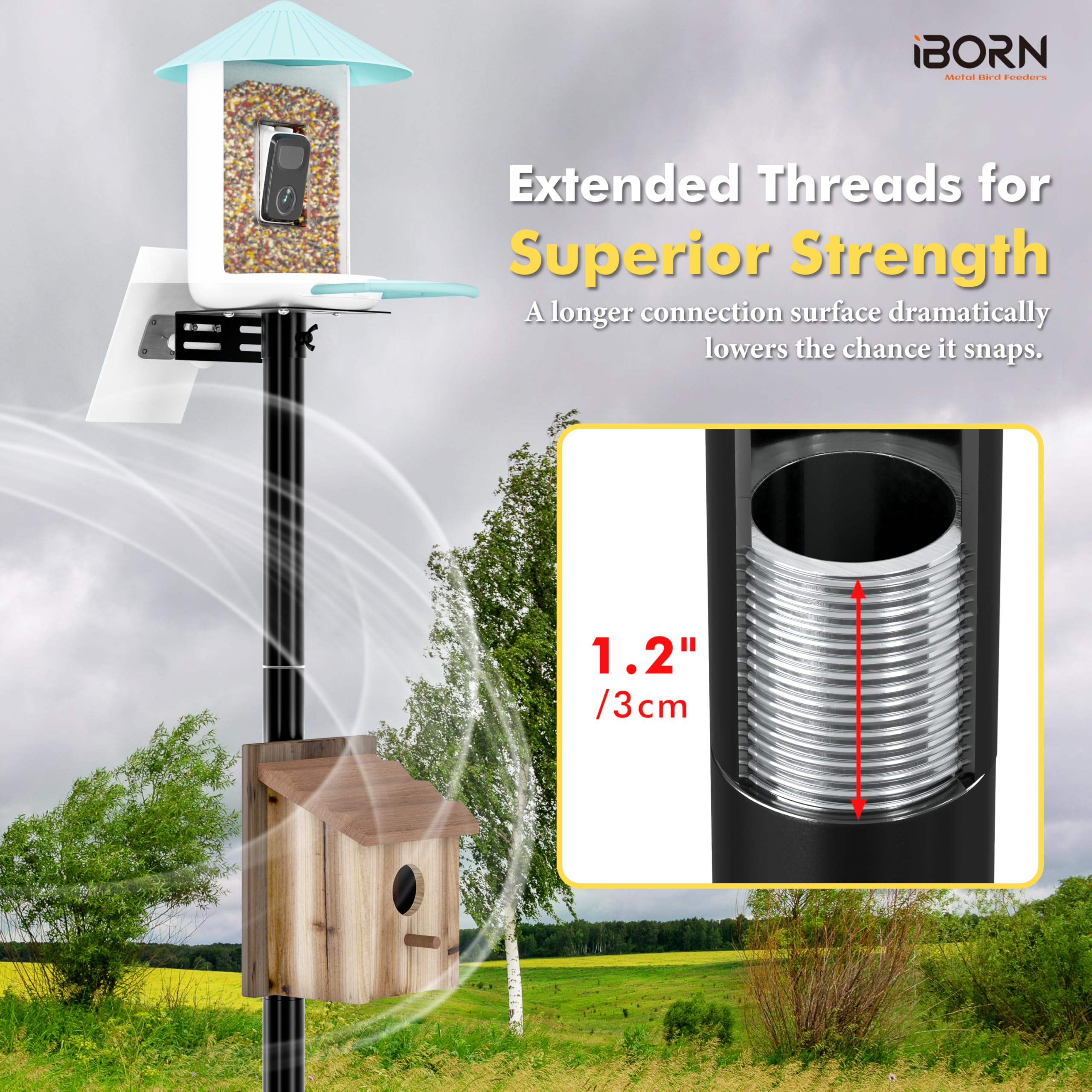 iBorn 3-in-1 Ständer mit Kamerahalterung für Vogelfutterspender – Stabiler Outdoor-Mast, höhenverstellbar bis 63 Zoll, universelle Halterung für intelligente Futterspender & Vogelhäuser