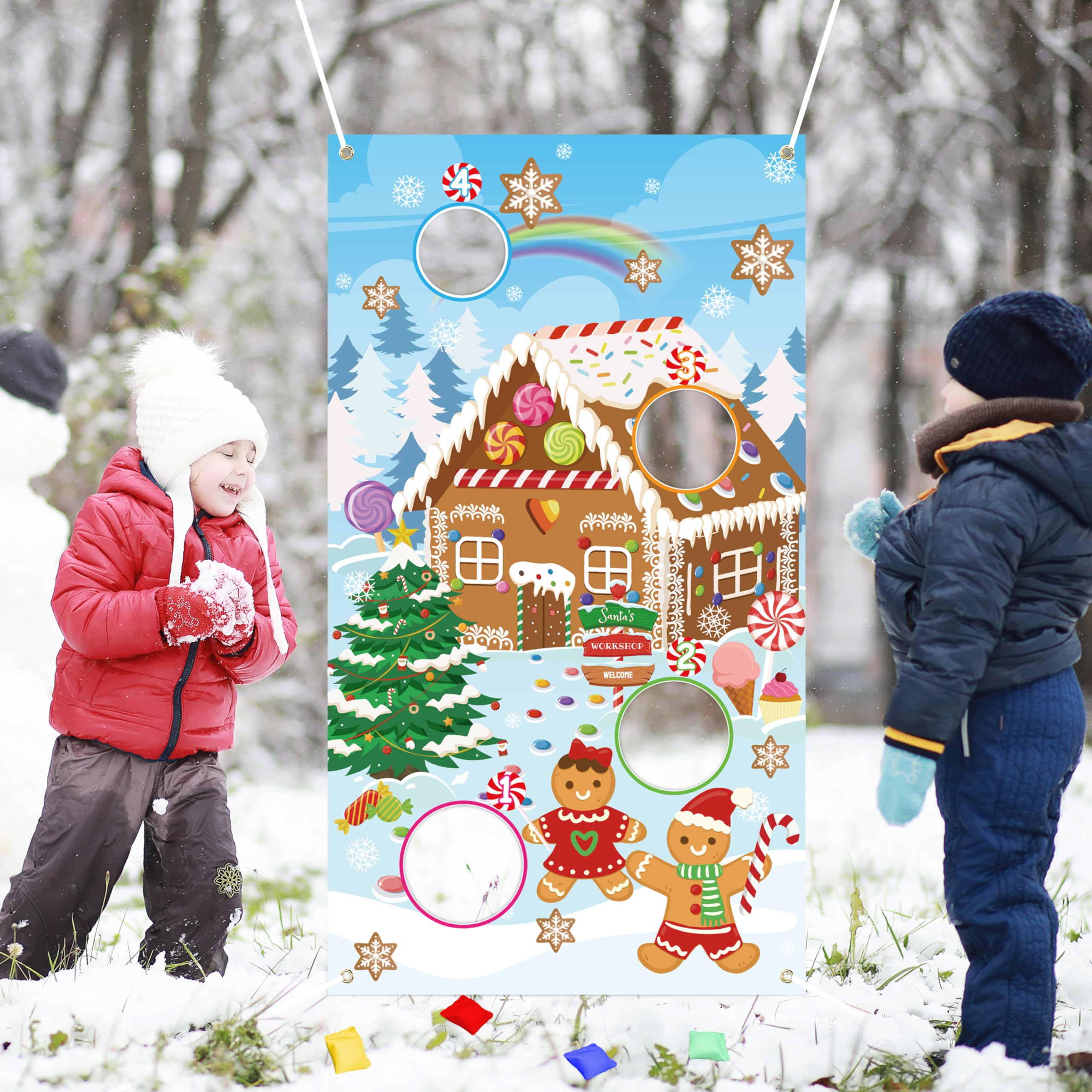 QIMGIC Christmas Gingerbread Toss Game - 5pcs Xmas Tossing Game Activity with Bean Bags, Winter Party Favor Supplies for Kids, Gingerbread House