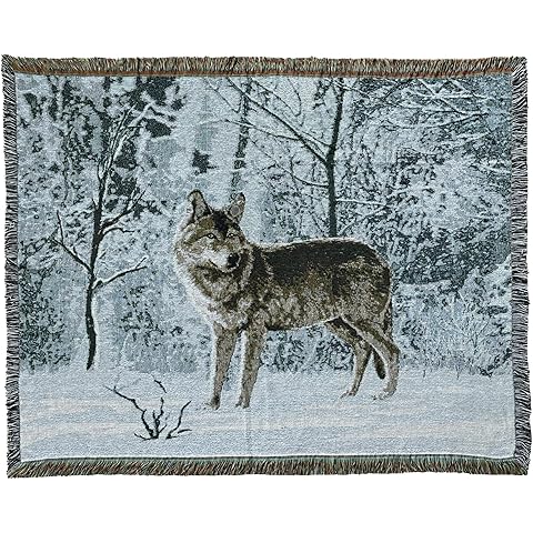 Woodlands Wolf Lodge Woven Tapestry Throw Blanket Wall Hanging Art Handicrafts Jacq...