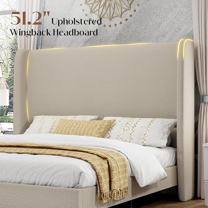 PaPaJet Queen Bed Frame 51.2" Tall Wingback Headboard Upholstered,Khaki image 3