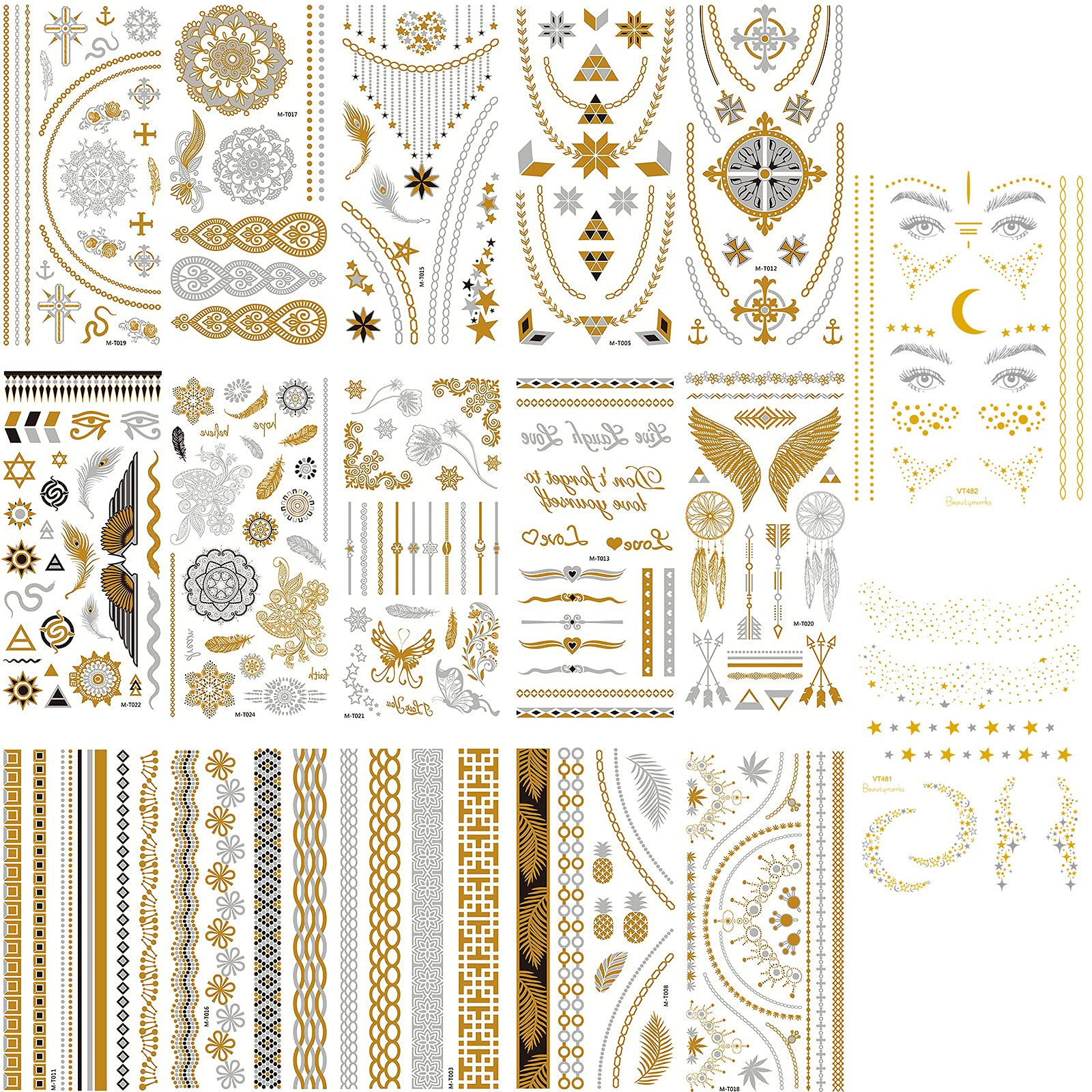 17 Hojas de Pegatinas de Tatuaje Temporal Doradas, VEGCOO Tatuaje Metálico Falso Temporal, Tatuaje Brillante y Tatuaje de Cara con Purpurina para Mujeres/Niñas