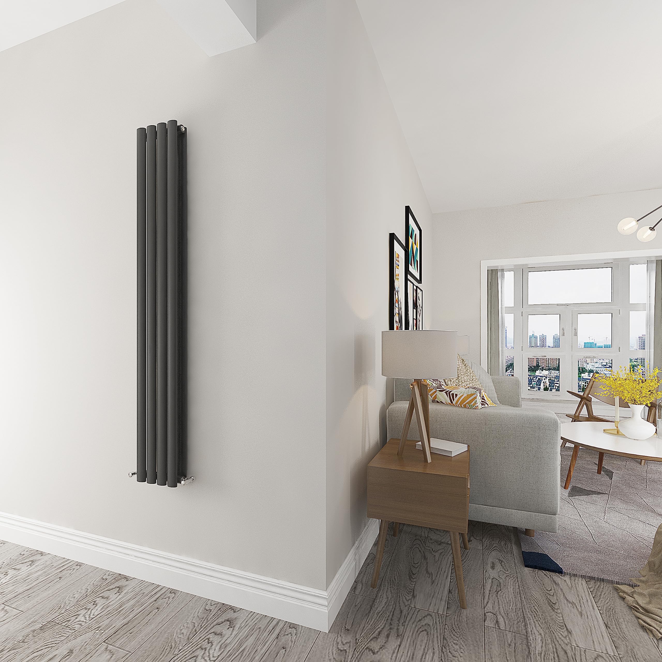 Skybathroom | 1600x236mm Vertical Anthracite Oval Double Panel Tall Upright Central Heating Radiator