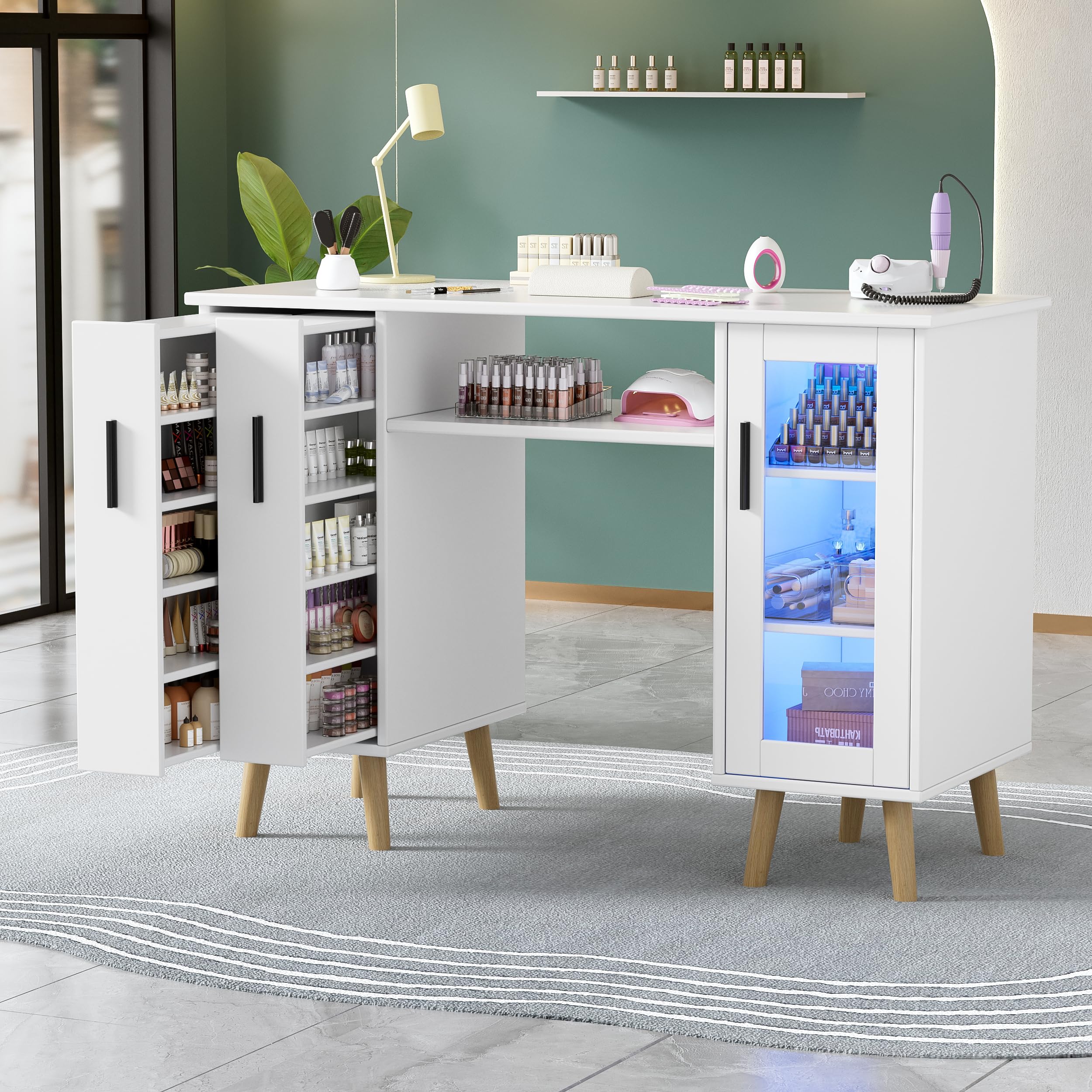 MSFE Mesa de Manicura,Estación de uñas Profesional con 2 Armarios Extraíbles Verticales,Armario de Gran Capacidad de 3 Niveles,Luces LED Ajustables para Salón de Belleza Profesional,108 * 45 * 76cm