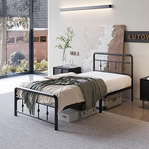 Miniatura 6 de Armazón de cama individual de 12 pulgadas con cabecero y pie de cama vintage victorianos, no necesita somier, base de colchón de metal resistente,