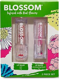 Blossom Moisturizing Scented pH Color Changing 2 pack, Strawberry Scented Crystal Lip Balm (Red), Shimmer Sparkle Lip Stain Tint (Blush), Infused with Real Flowers, 6g, Red/Blush