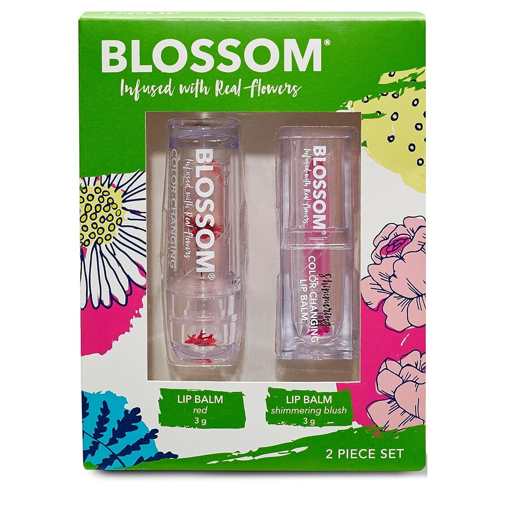 Blossom Moisturizing Scented pH Color Changing 2 pack, Strawberry Scented Crystal Lip Balm (Red), Shimmer Sparkle Lip Stain Tint (Blush), Infused with Real Flowers, 6g, Red/Blush