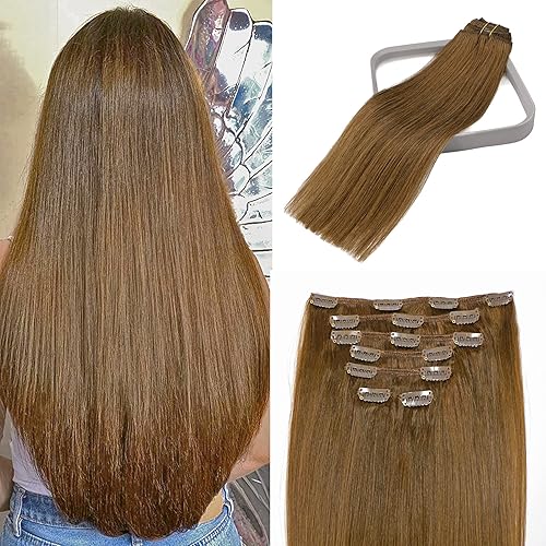 Clip in Hair Extensions Human Hair Medium Light Brown Hair Extensions For Women 15Inch 70g Thick and Straight Full Head 7PCS #6 Gift for Women