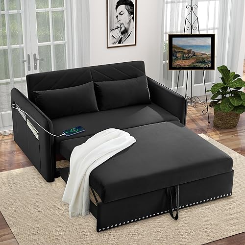 Loveseat Sleeper Sofa Bed, Convertible Sleeper Sofa Couch, Velvet Fabric Futon Couches for Living Room with USB Port, Side Pocket, Adjustable Backrest, Pillow, Black