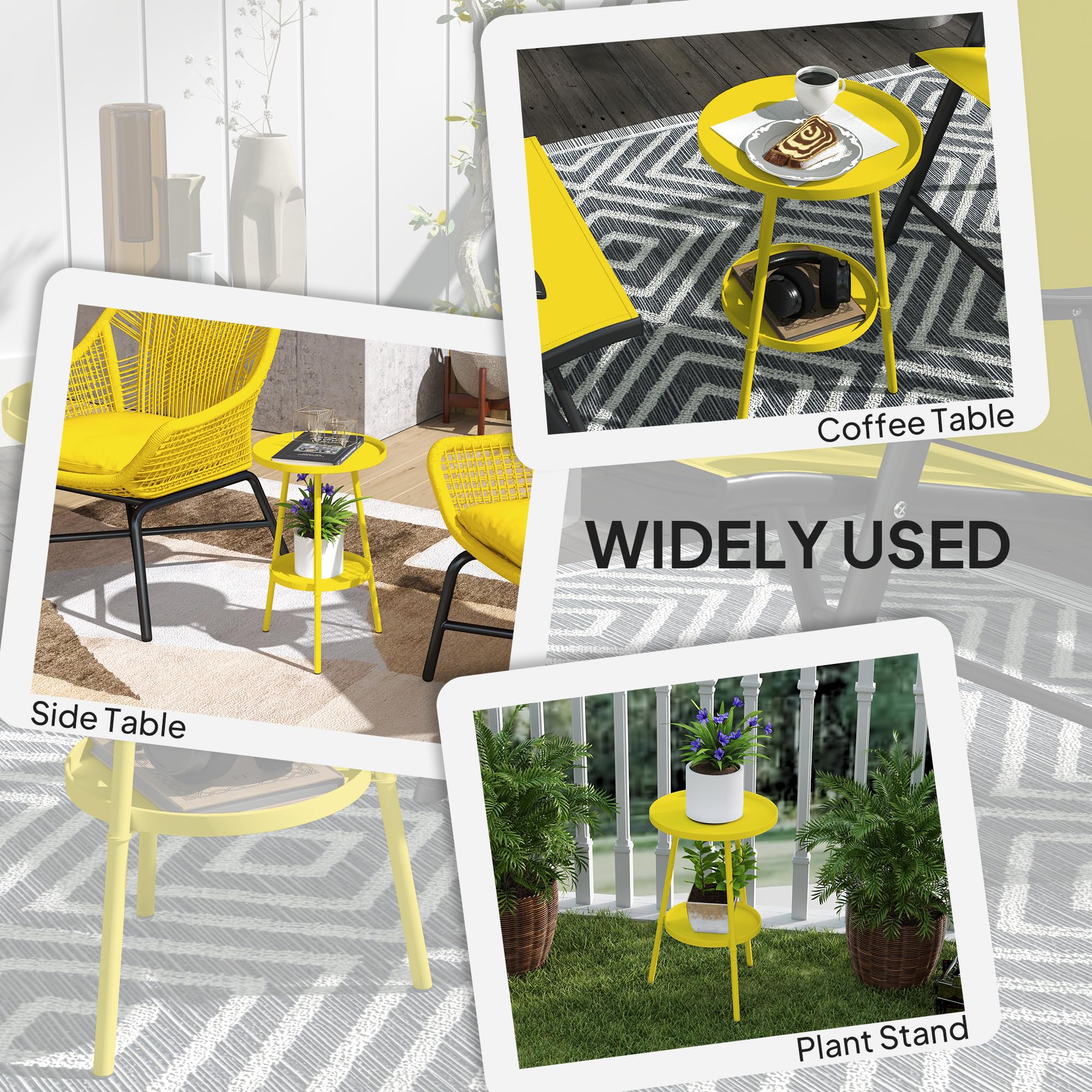 Outsunny Mesa Auxiliar Redonda pequeña con 2 Niveles, Mesa de jardín, para terraza, salón, balcón, Metal, Amarillo