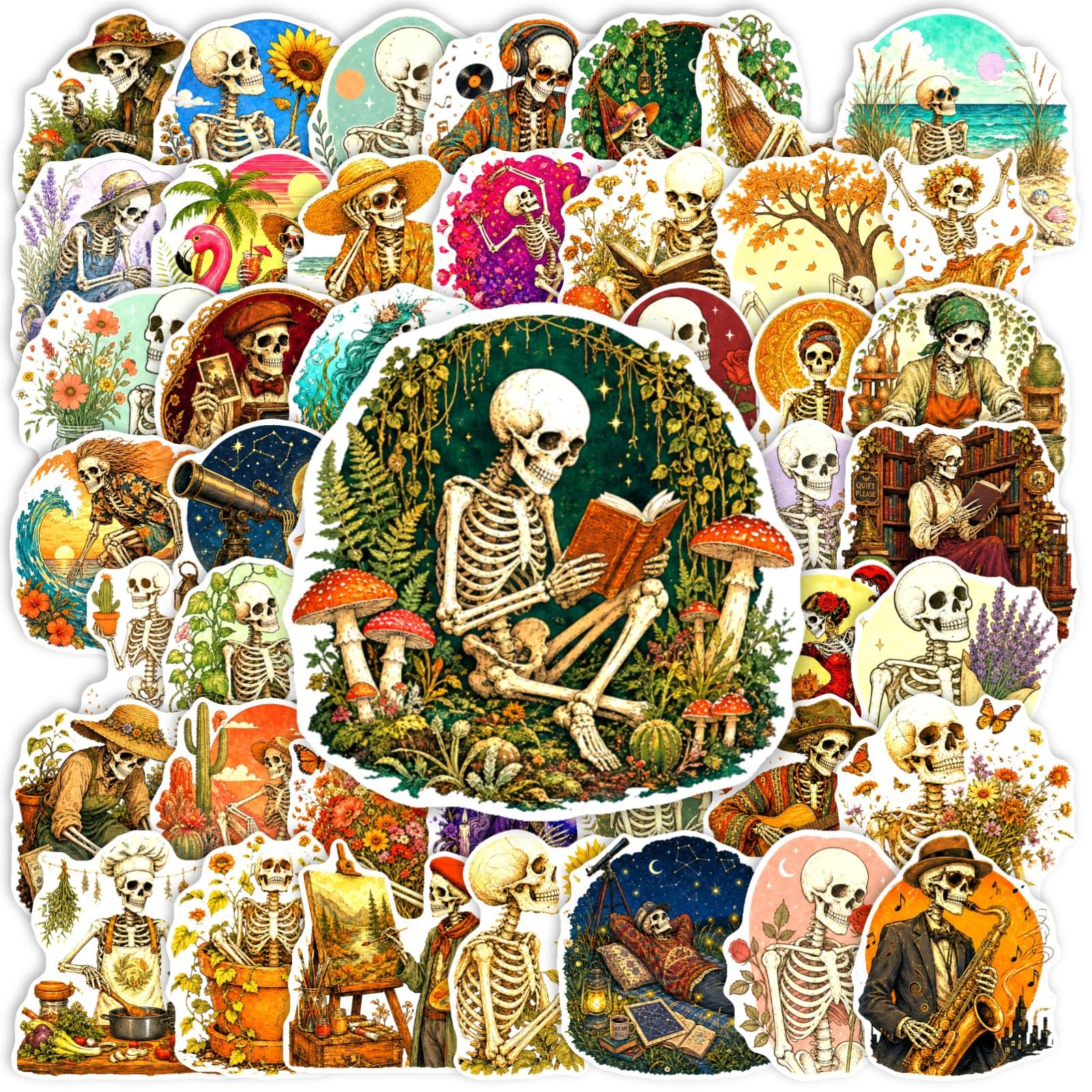 Pack of 50 Vintage Watercolour Skull Stickers Waterproof Self-Adhesive