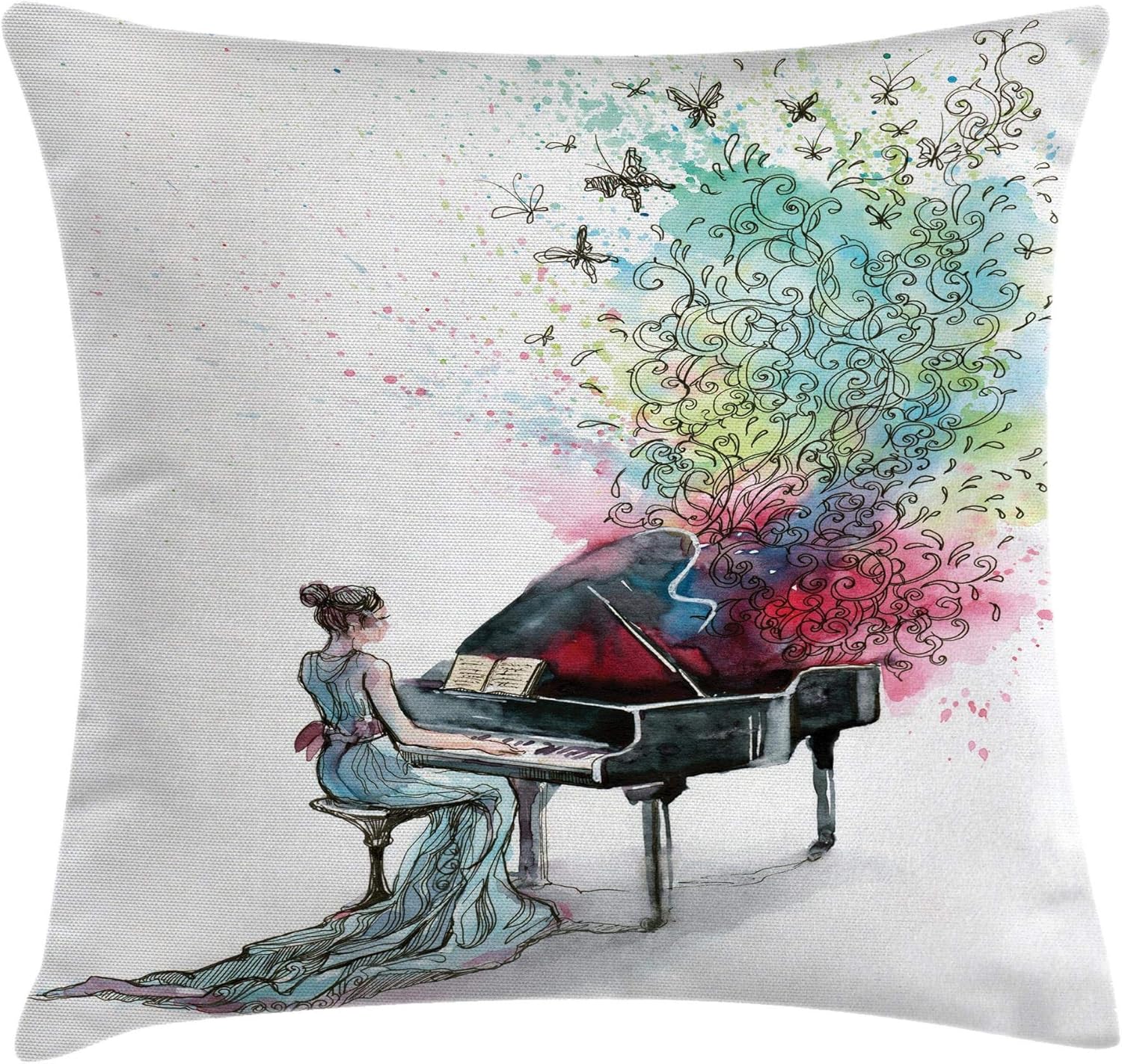 Ambesonne Funda de cojín con música, piano de cola con mariposas, espirales ornamentales de pianista, estilo vintage, funda de almohada decorativa