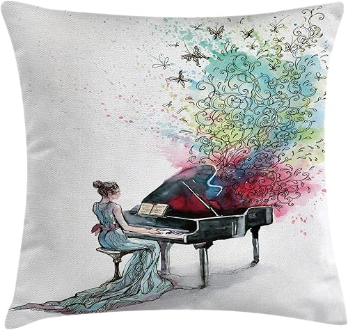 Ambesonne Funda de cojín con música, piano de cola con mariposas, espirales ornamentales de pianista, estilo vintage, funda de almohada decorativa