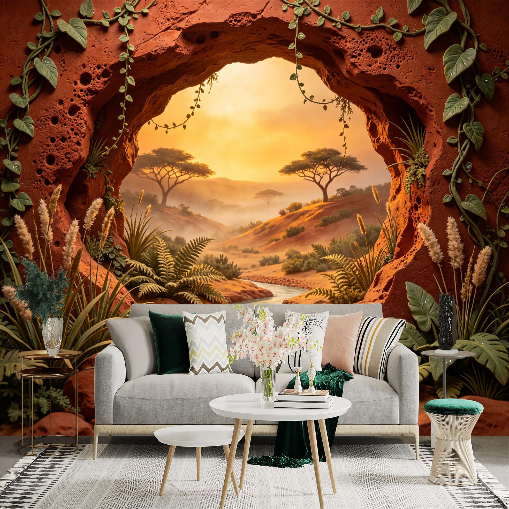 Custom Size Wall Sticker Mural， Sunset Savannah Landscape with River and Red Rock Cave， for wall Decoration， peelandstick wall Decals.