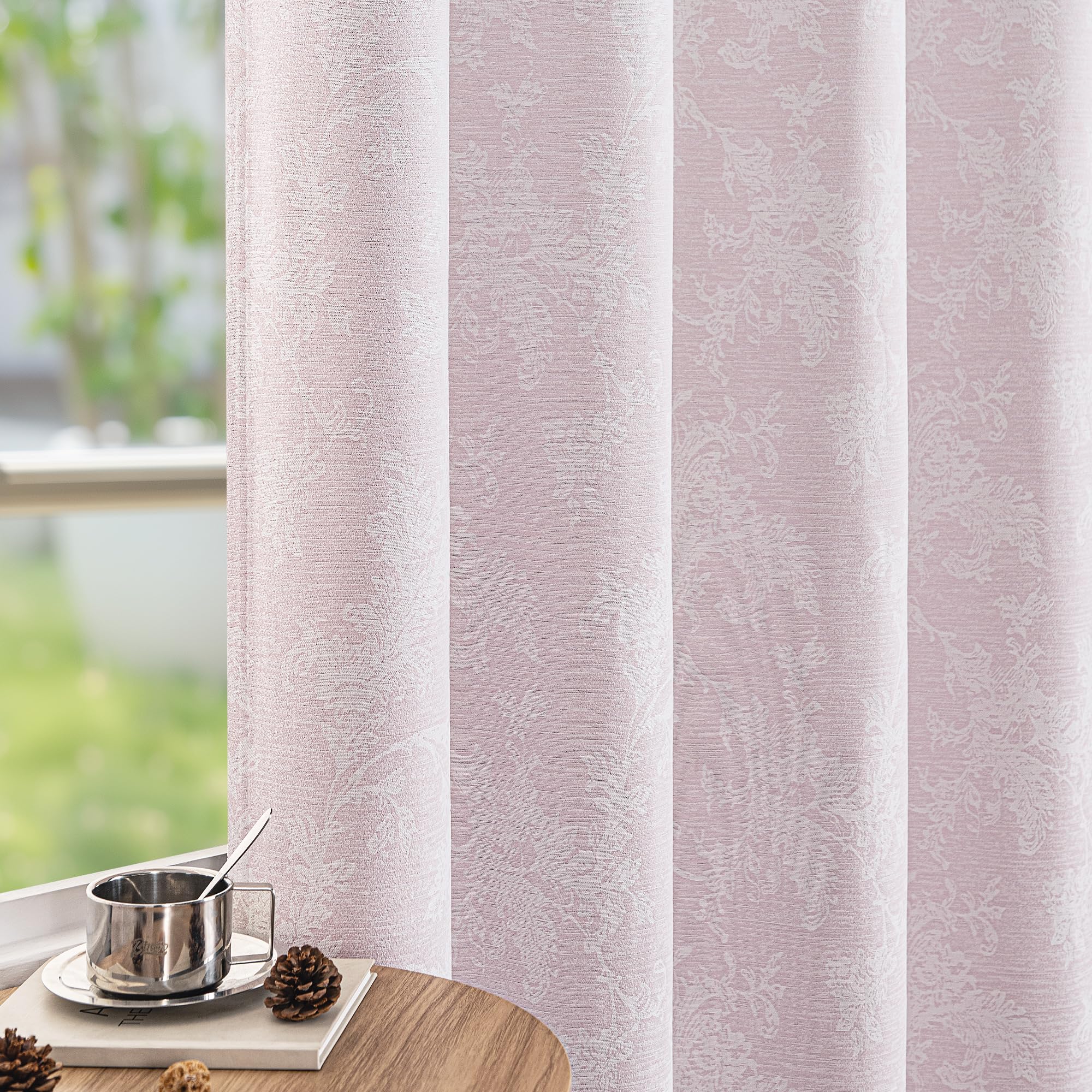 Fmfunctex Pink Floral Jacquard Blackout Curtains for Living Room 90 inch Scroll Flower Curtains for Bedroom Thermal Insulated Chenille Eyelet Curtain Room Darkening Window Curtain Drapes 2 Panels